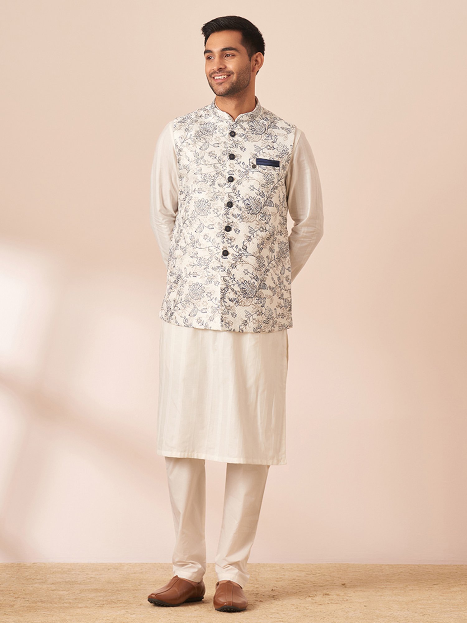 Manyavar White Regular Fit Floral Print Nehru Jacket