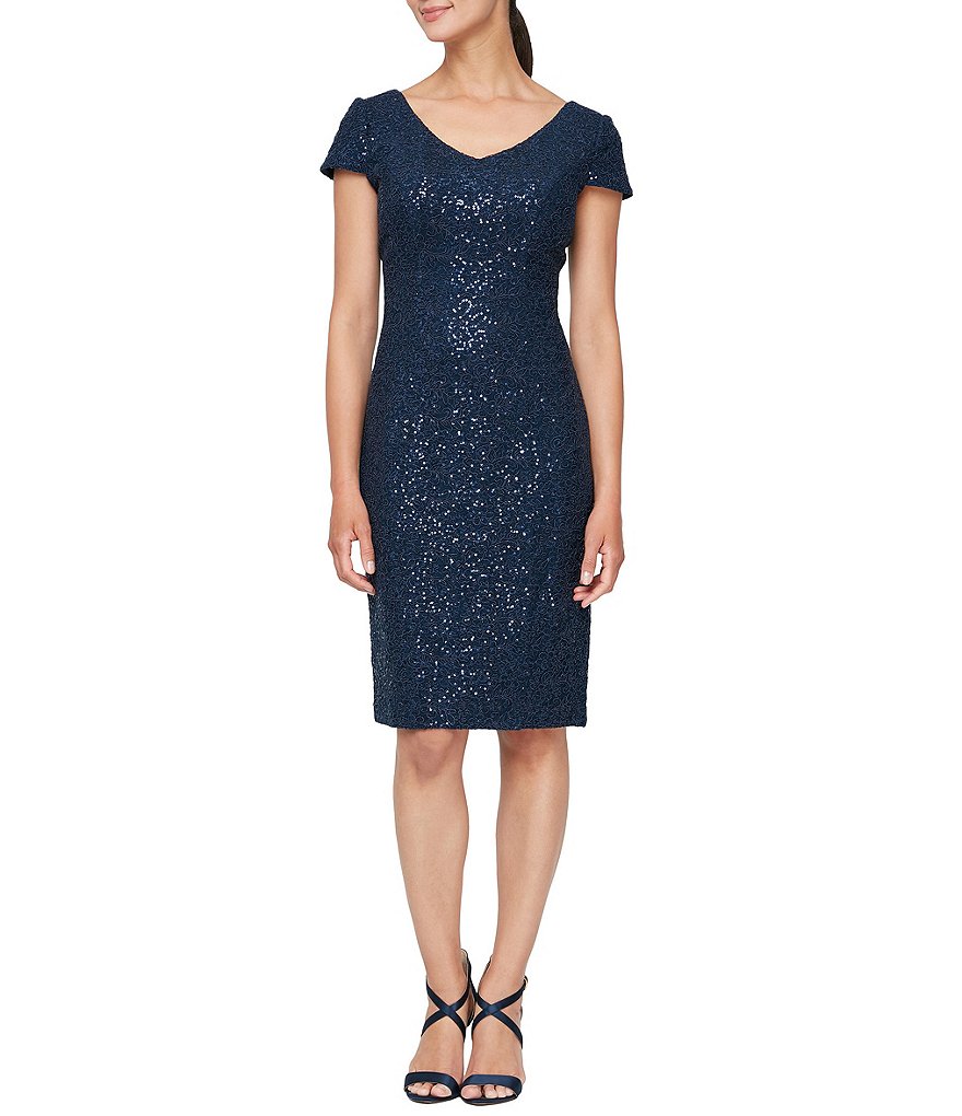 Alex Evenings Corded Lace Cap Sleeve V-Neck Sheath Dress
