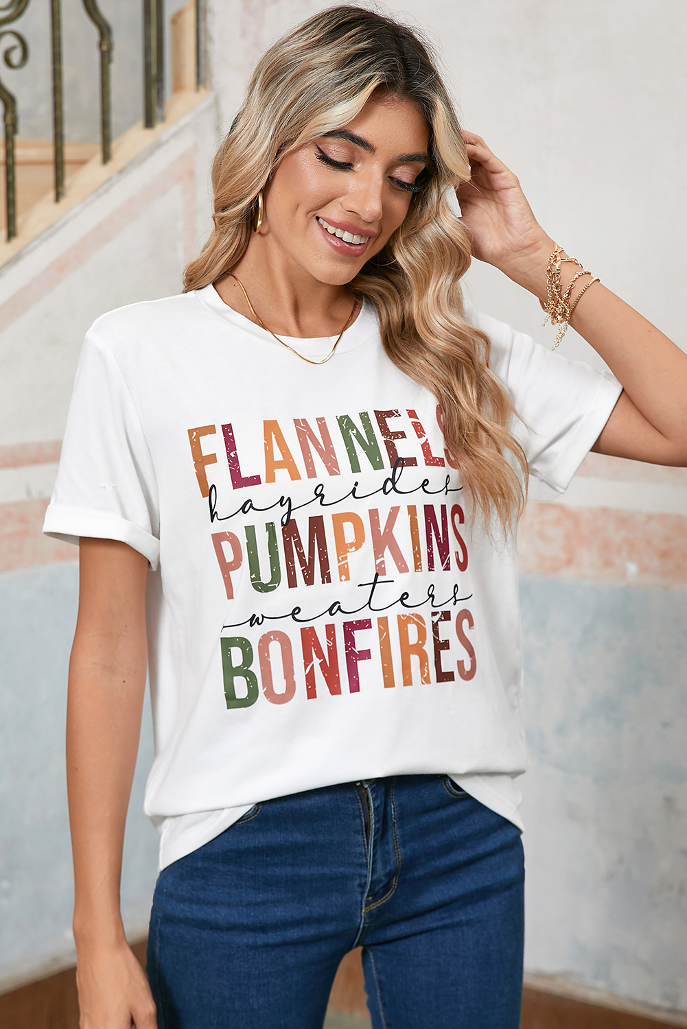 White FLANNELS PUMPKINS BONFIRES Crewneck Graphic Tee