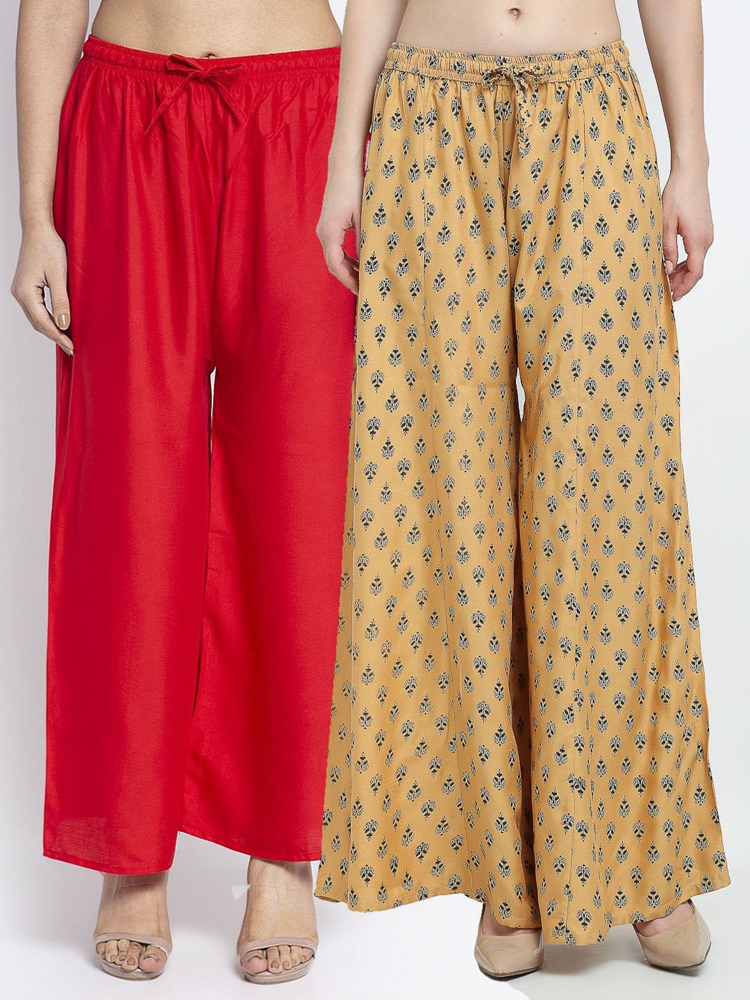 Gracit Beige & Red Printed Palazzos - Pack Of 2
