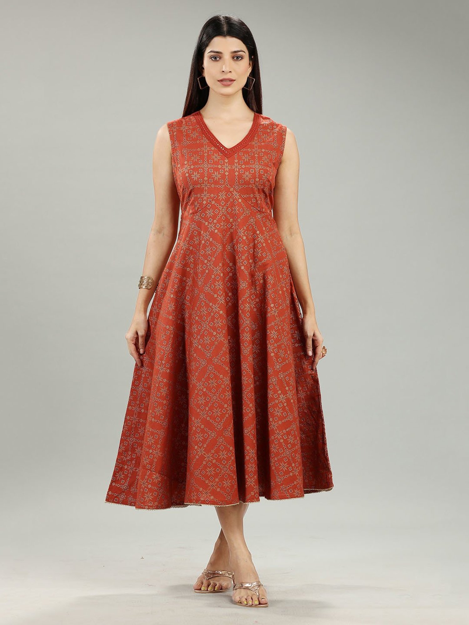 Cotton Culture Light Brown Printed Ethnic Dress