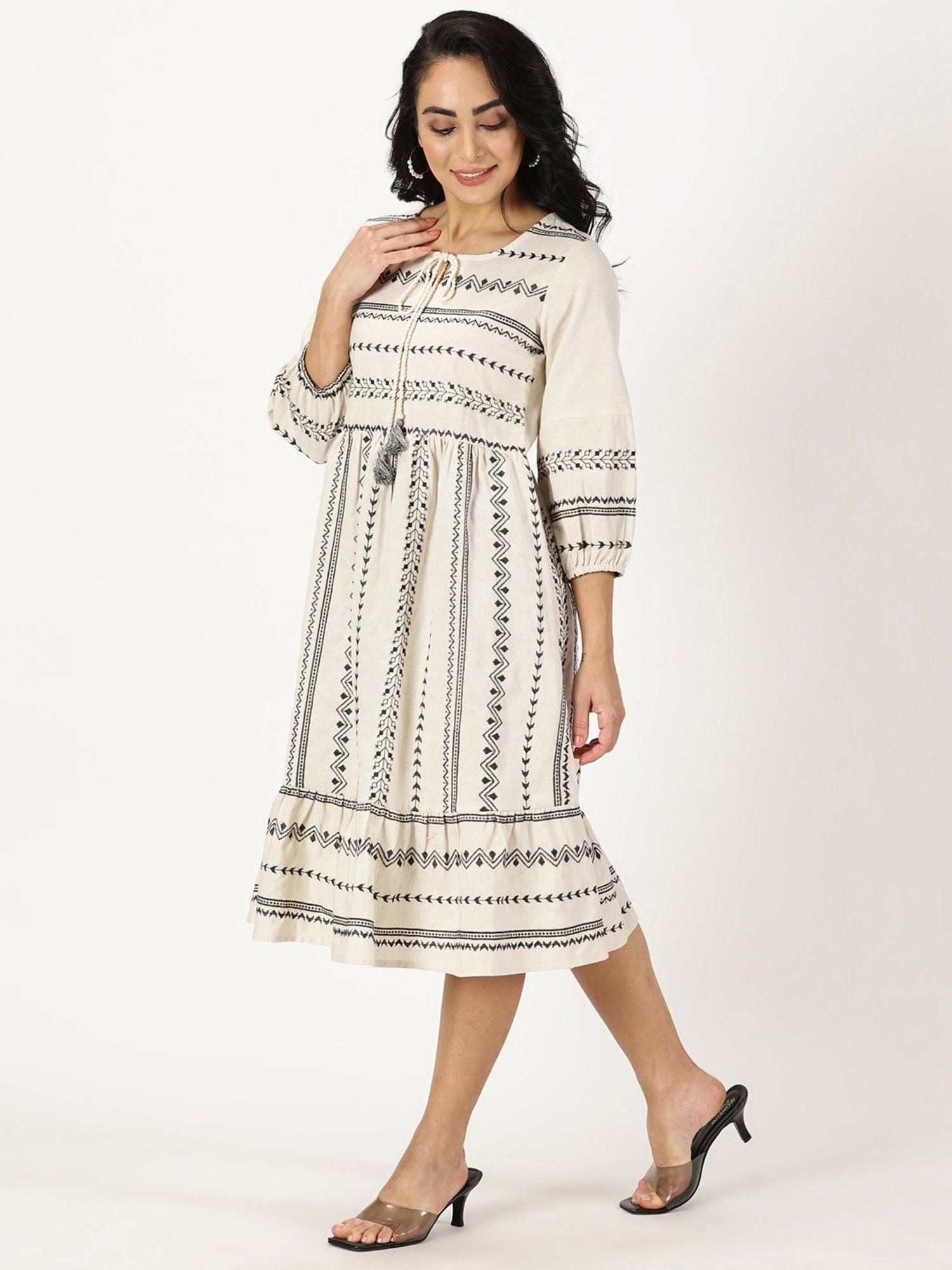 Saffron Threads Off White Cotton Embroidered Ethnic Dress