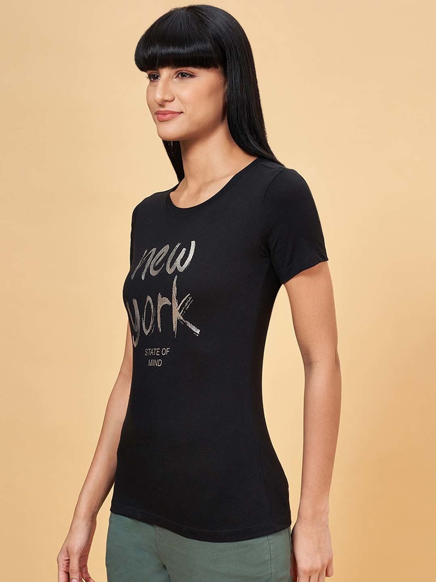 Honey by Pantaloons Black Cotton Printed T-Shirt