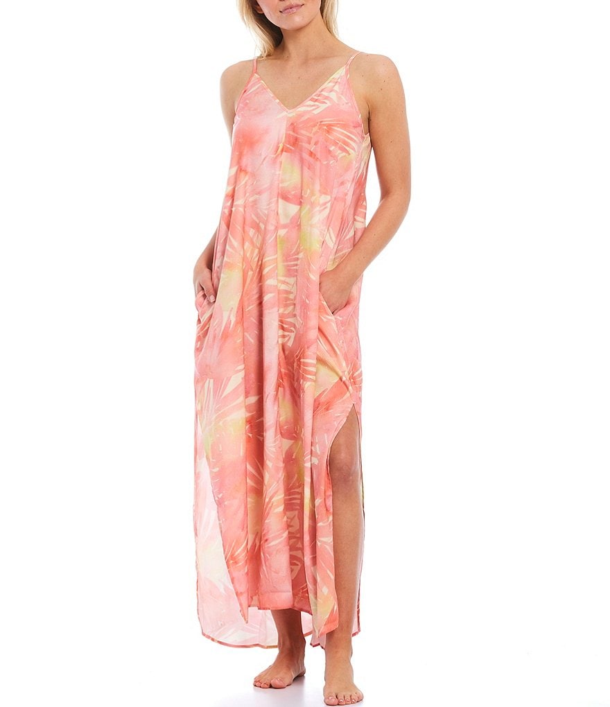 VAN WINKLE & CO. Tropical Print Sleeveless V-Neck Satin Maxi Chemise