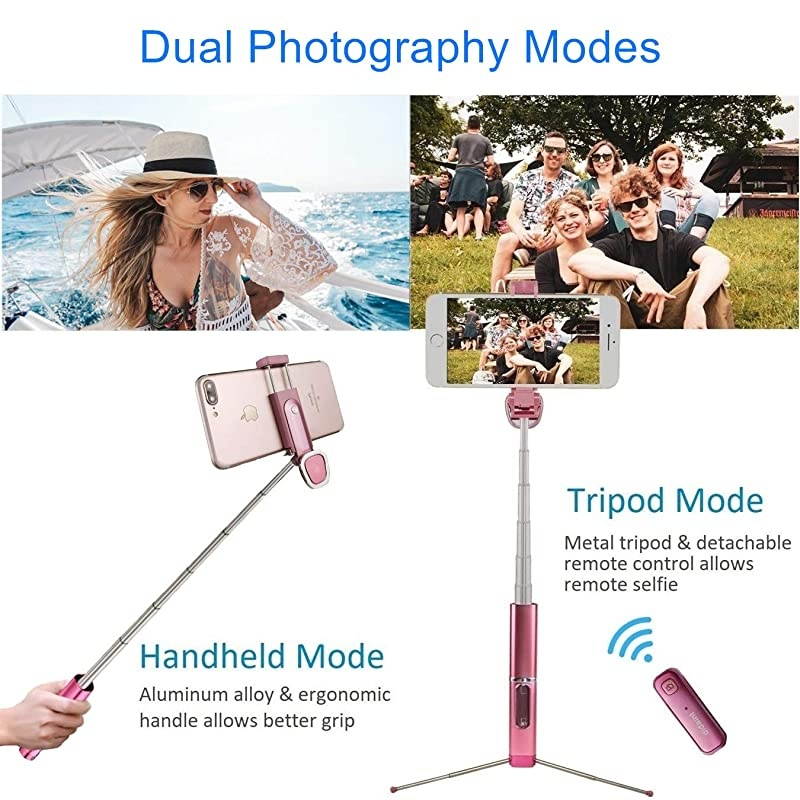 Selfie Stick Tripod Bluetooth,  Mini Extendable Aluminum Selfie Stick with Wireless Remote and Tripod Stand 360 Rotation for iPhone 11/XS/XR/X/8/7 Plus, Samsung and Android Phone (Pink)