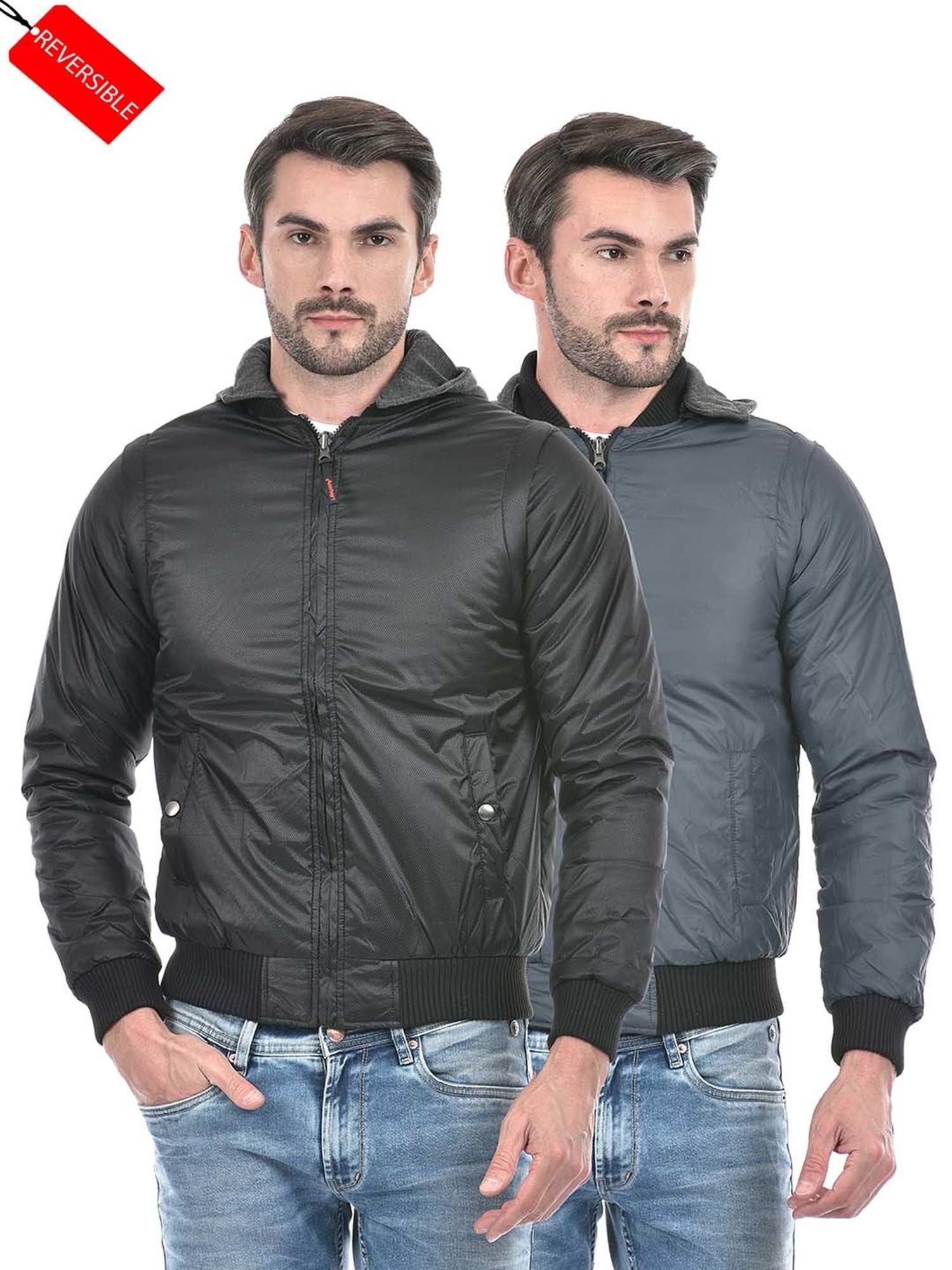 Lawman Pg3 Black & Charcoal Regular Fit Self Design Reversible Jacket