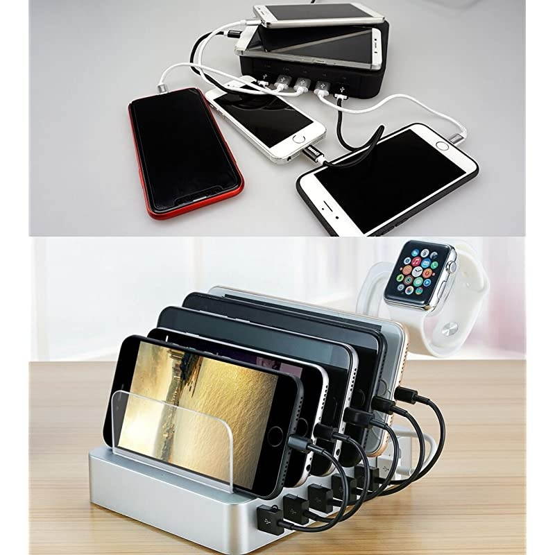 USB Charging Station, Charger Station with 5 Phone Cable,1 Type-C,1 Micro Cable,6-Port Charging Station for Multiple Devices(Silver White)