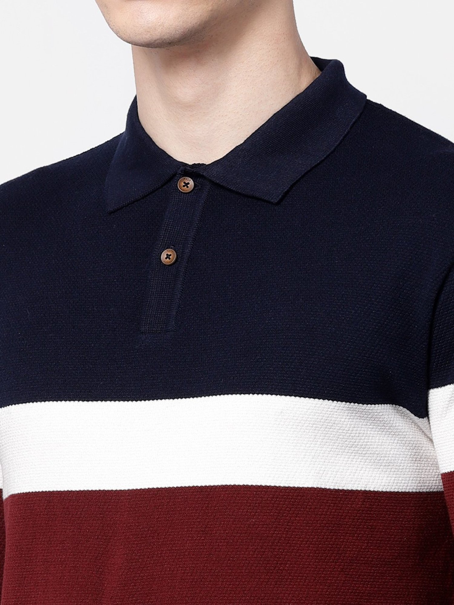 Kalt Navy & Maroon Regular Fit Striped Polo T-Shirt
