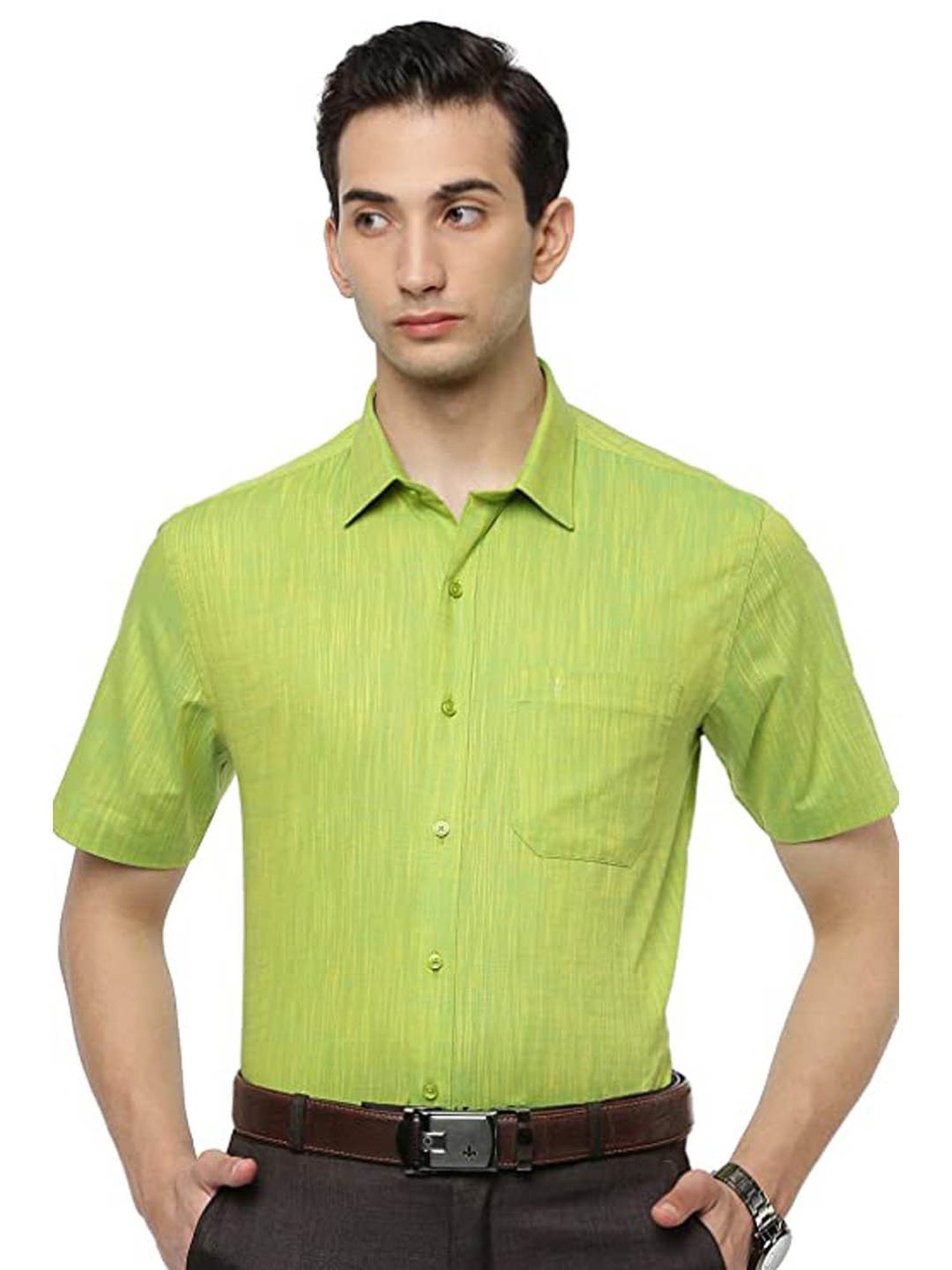 Ramraj Green Cotton Slim Fit Self Pattern Shirt