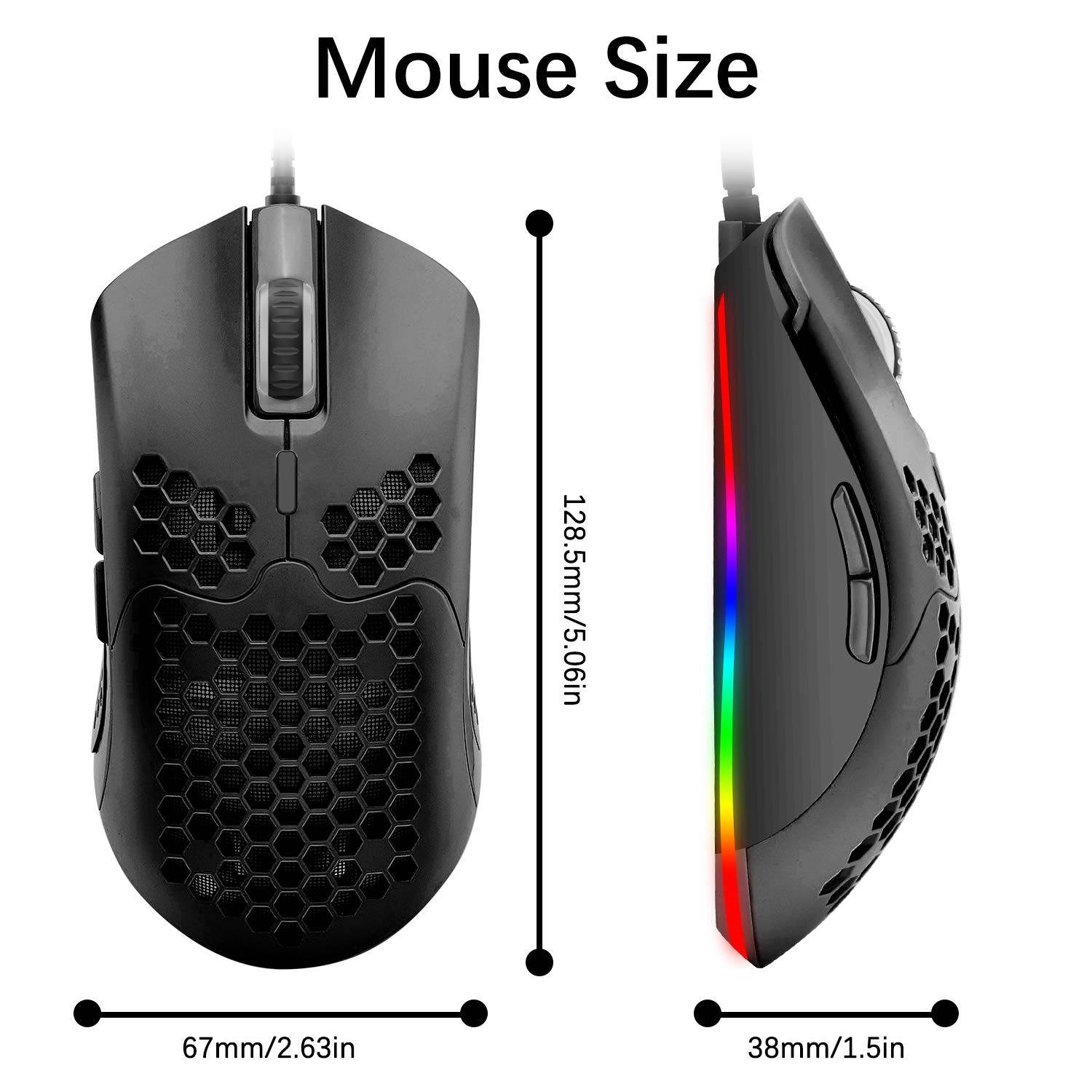 Lightweight Wired Gaming Mouse with 7 Button 26RGB Backlit Programmable Driver PAW3325 12000 DPI Optical Sensor Ultralight Ergonomic 65G Honeycomb Shell Ultraweave Cable for PC Xbox PS4 Gamer