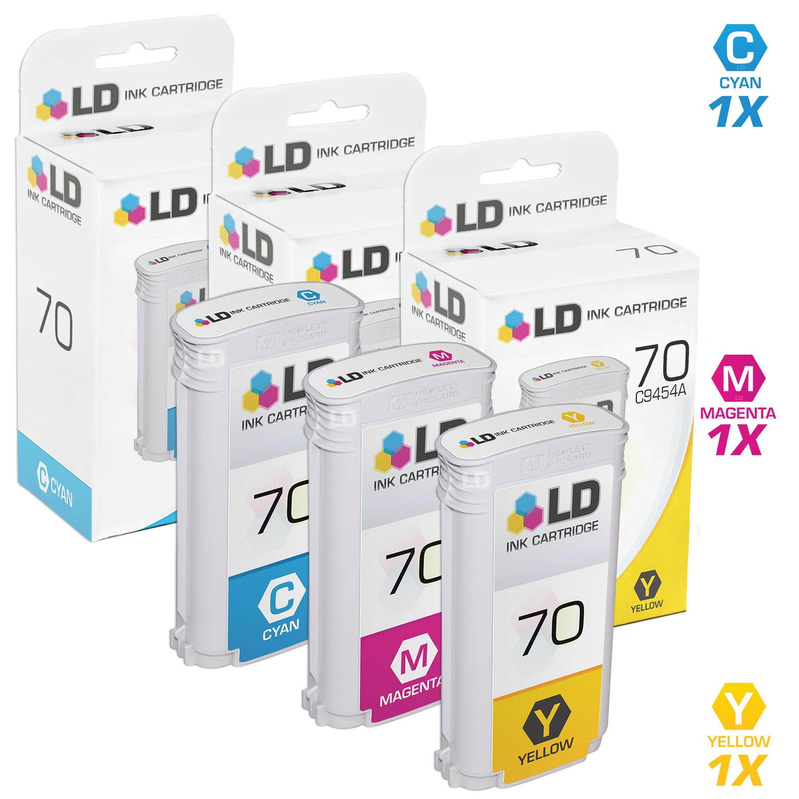 LD Compatible Replacements HP 70 3PK Pigment Cartridges: 1 C9452A Cyan, 1 C9453A Magenta, and 1 C9454A Yellow