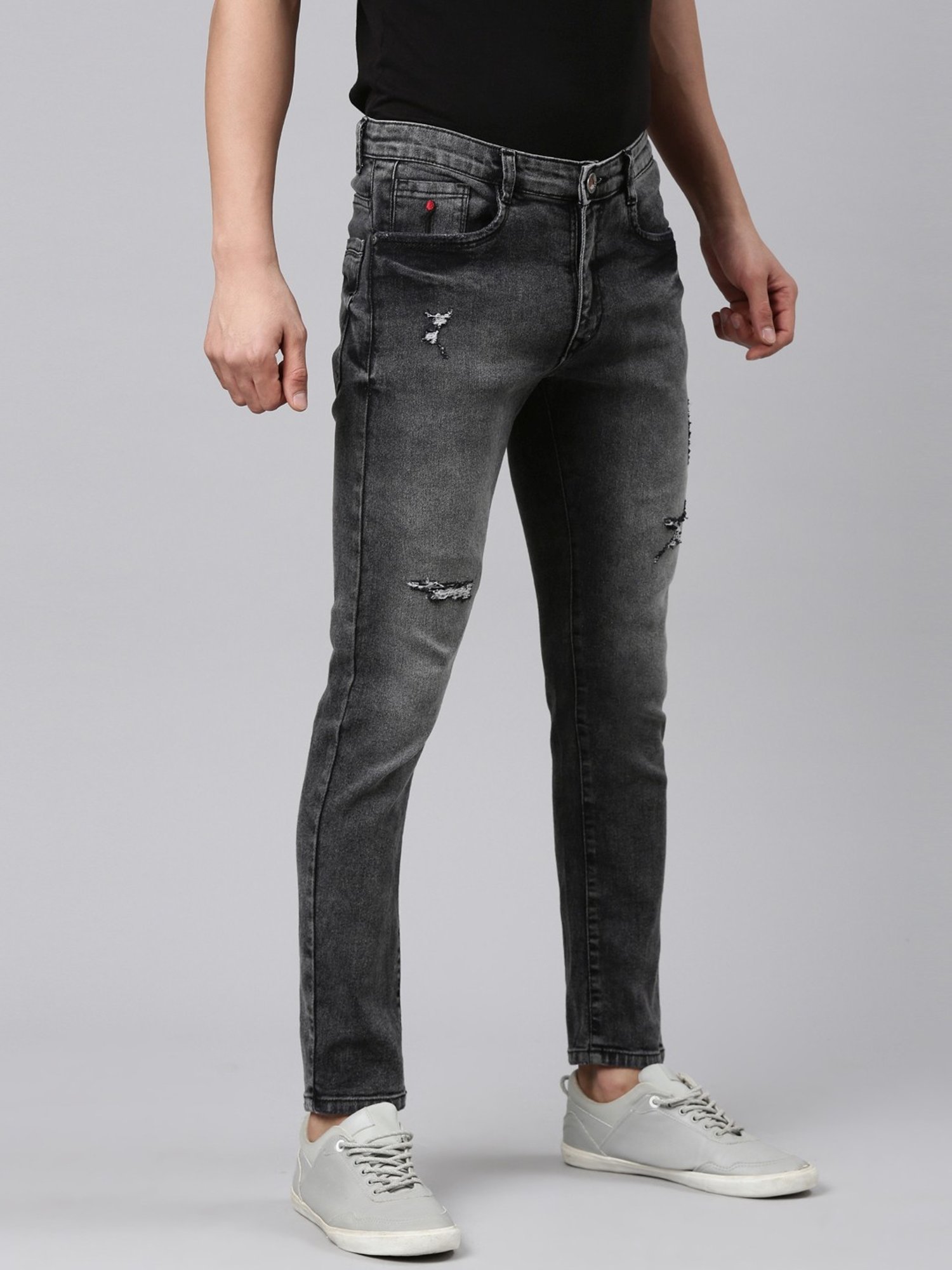 CINOCCI Black Cotton Slim Fit Distressed Jeans