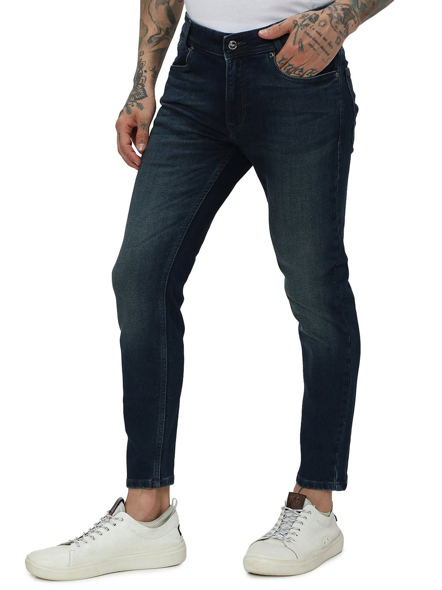 Mufti Dark Blue Slim Fit Lightly Washed Jeans