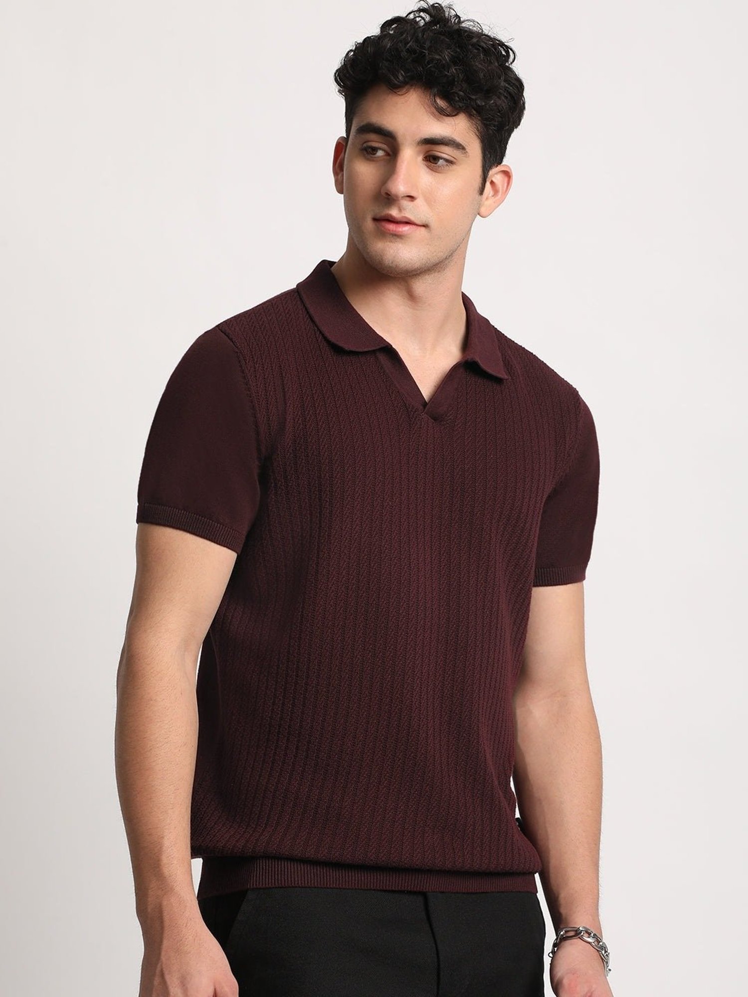 The Bear House Maroon Cotton Regular Fit Self Pattern Polo T-Shirt