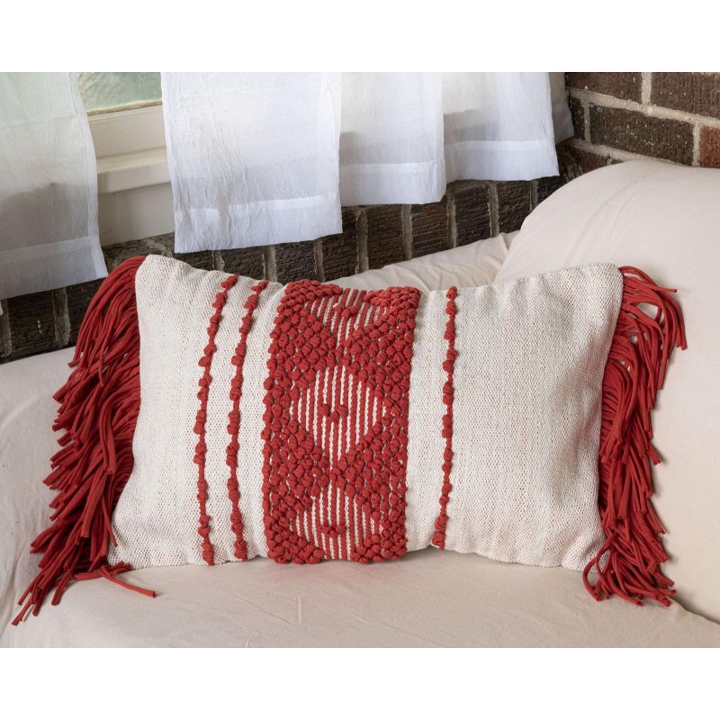 Diamond Pattern Hand Woven 14x22" Decorative Cotton Throw Pillow with Hand Sewn Jersey Fringe - Foreside Home & Garden