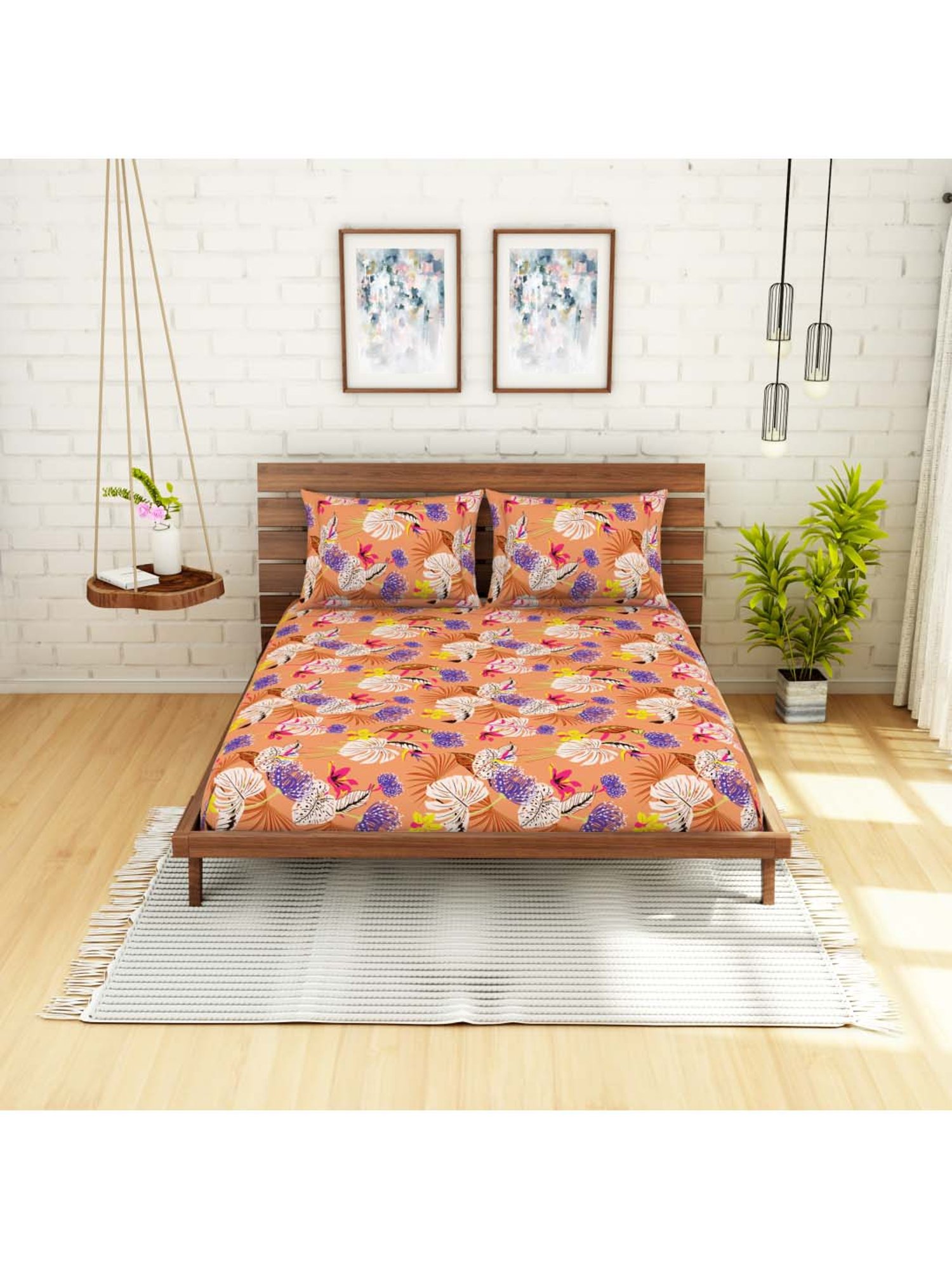 SWHF Orange & White Cotton 114 TC Double Bedsheet Sets