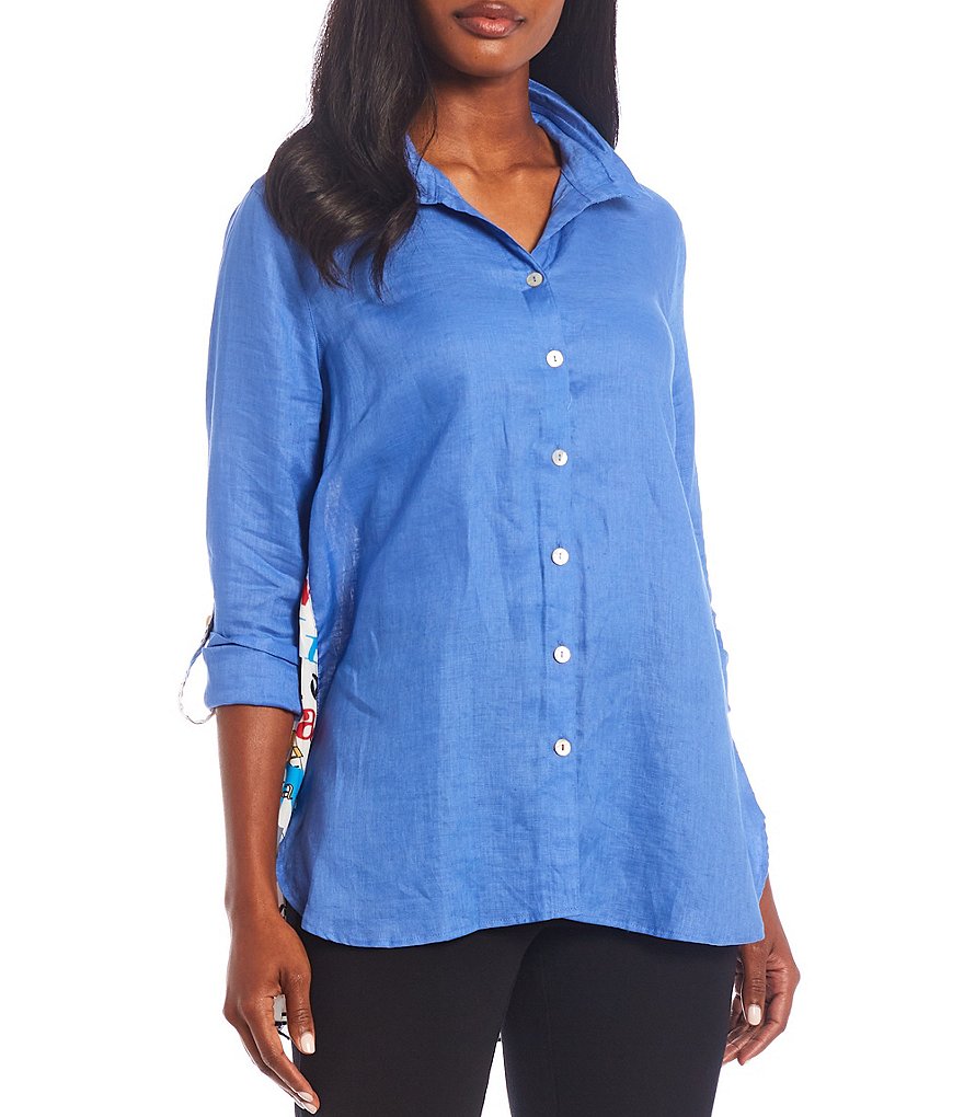 John Mark Wire Point Collar Neck 3/4 Roll-Tab Sleeve Button-Front Accordion Pleat Back Tunic