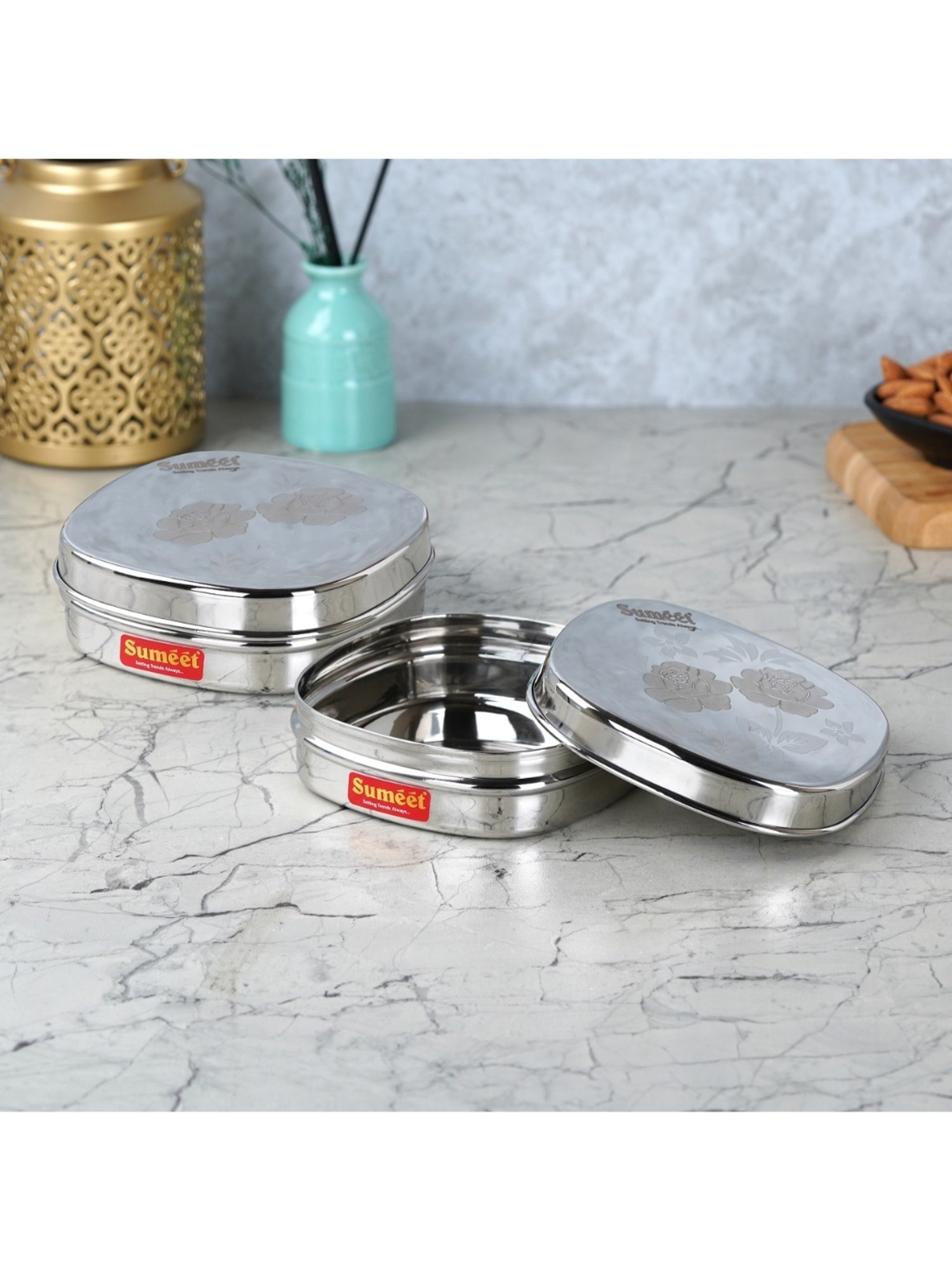 Sumeet S.S. Designer Square Storage containers box/Dabba for Kitchen, Set of 2Pcs, 350ml, 12cm Dia,