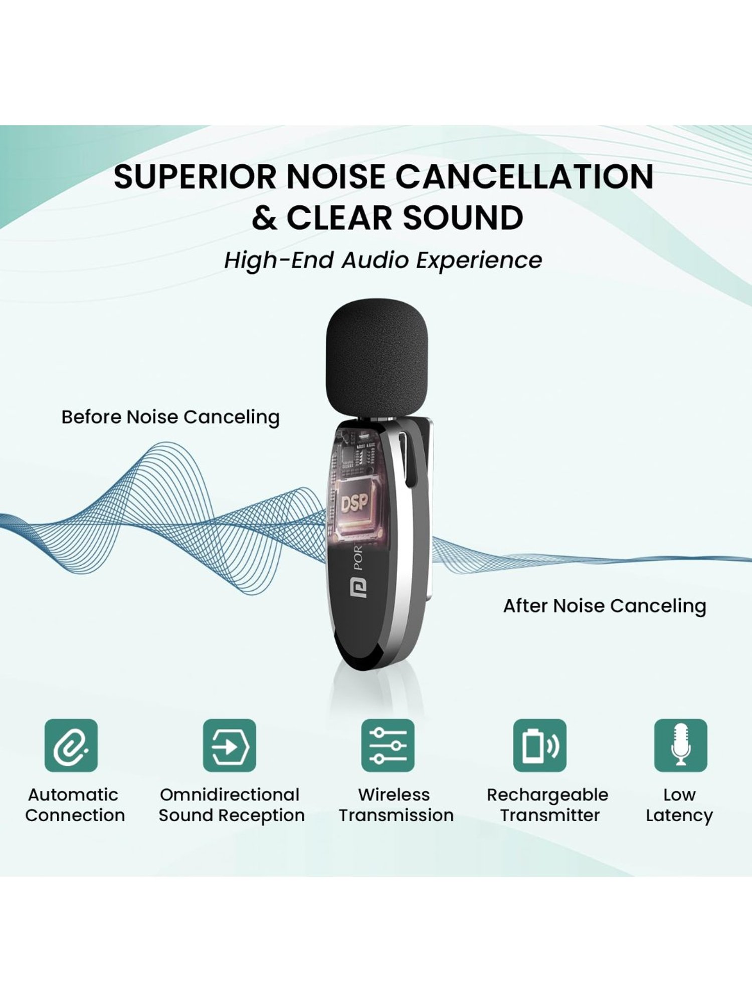 Portronics Dash 7 Omnidirectional Type C Wireless Microphone with Noise Cancellation (Black)