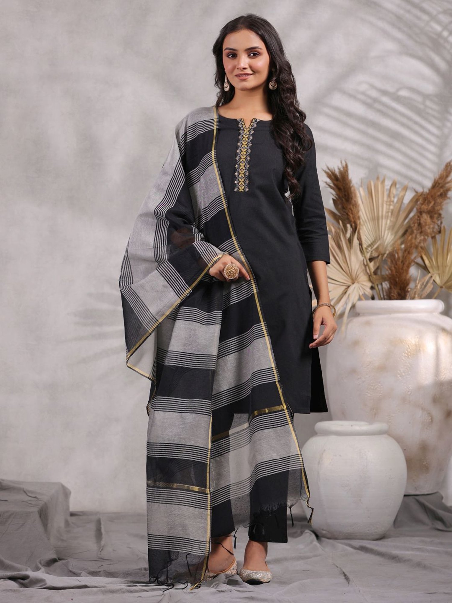Anubhutee Black Cotton Kurti Pant Set With Dupatta