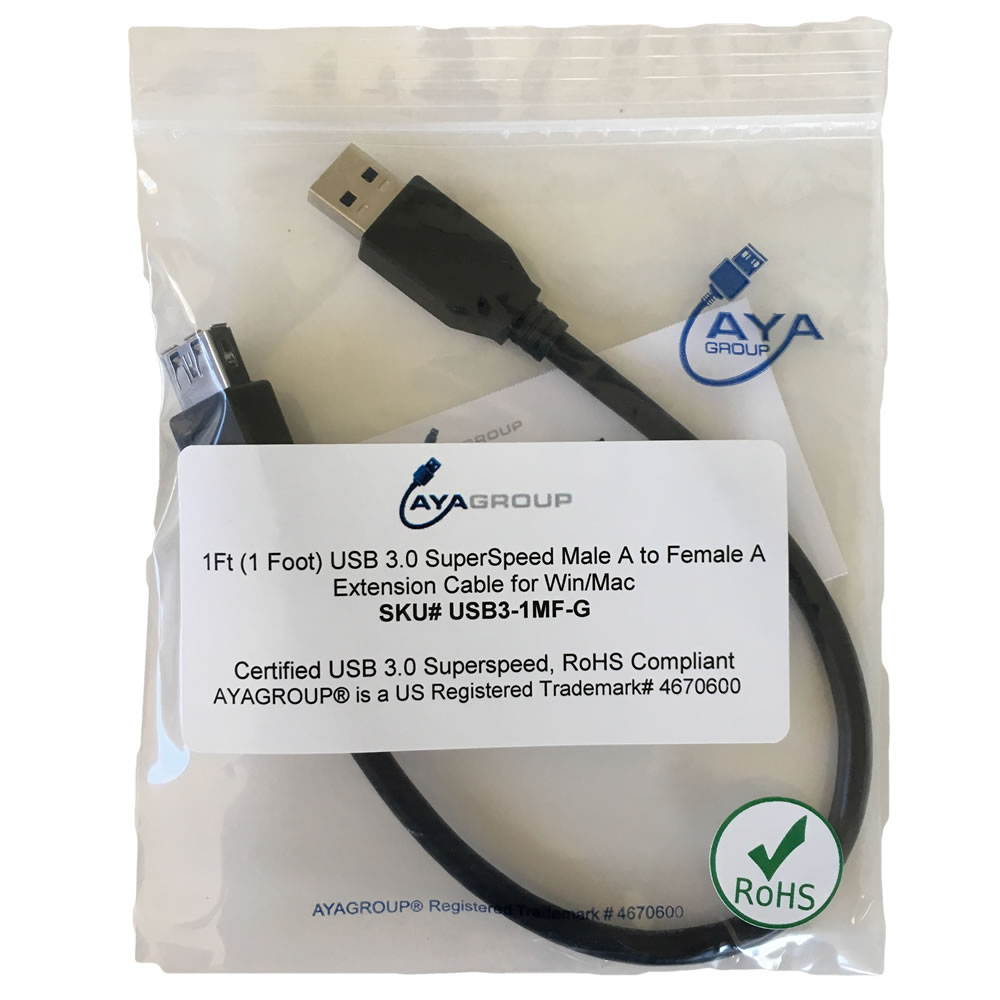 AYA 1Ft (1 Foot) USB 3.0 SuperSpeed Male A to Female A Extension Cable USB3-1MF-G