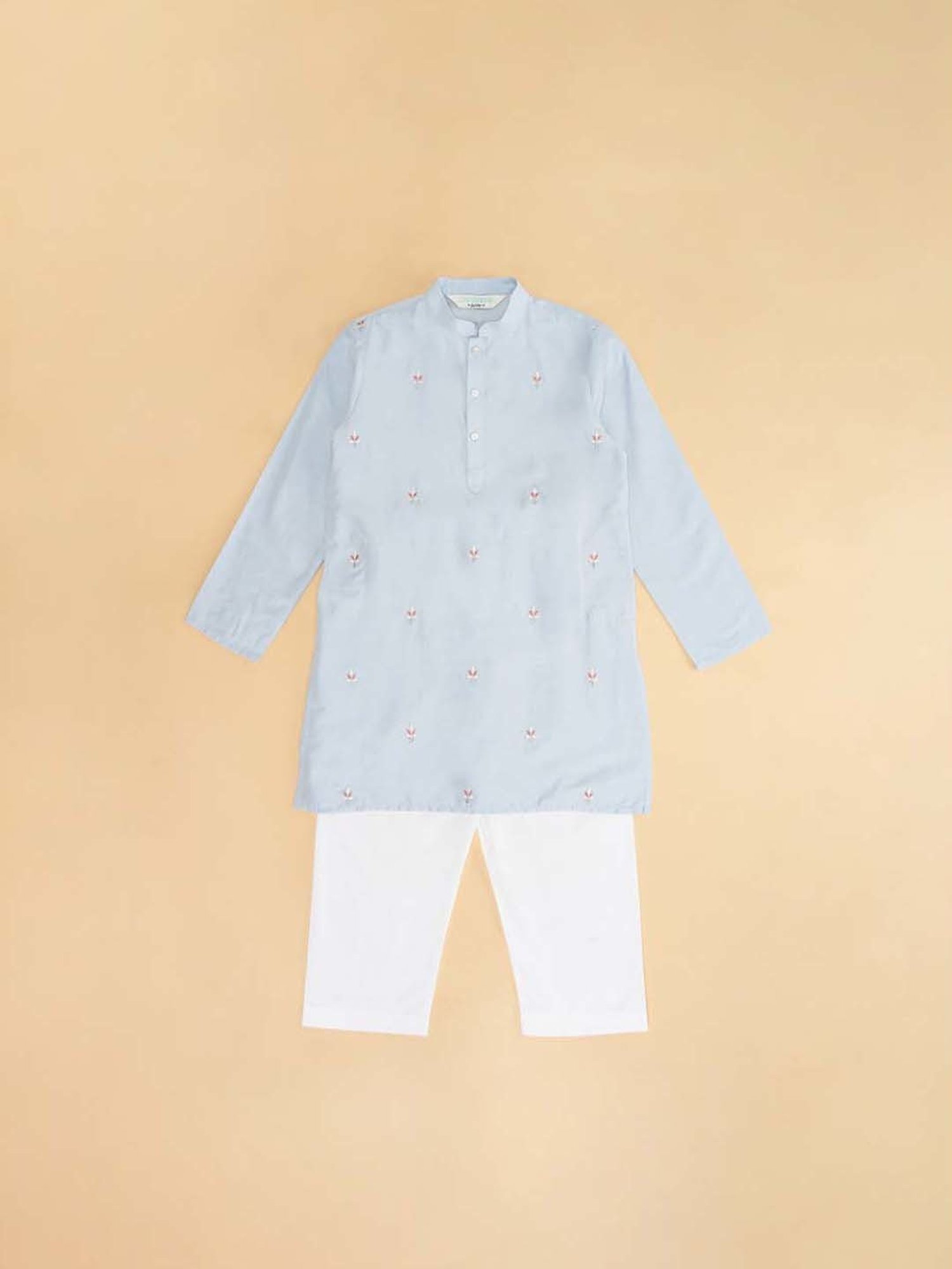 Indus Route by Pantaloons Kids Powder Blue & White Embroidered Full Sleeves Kurta Set