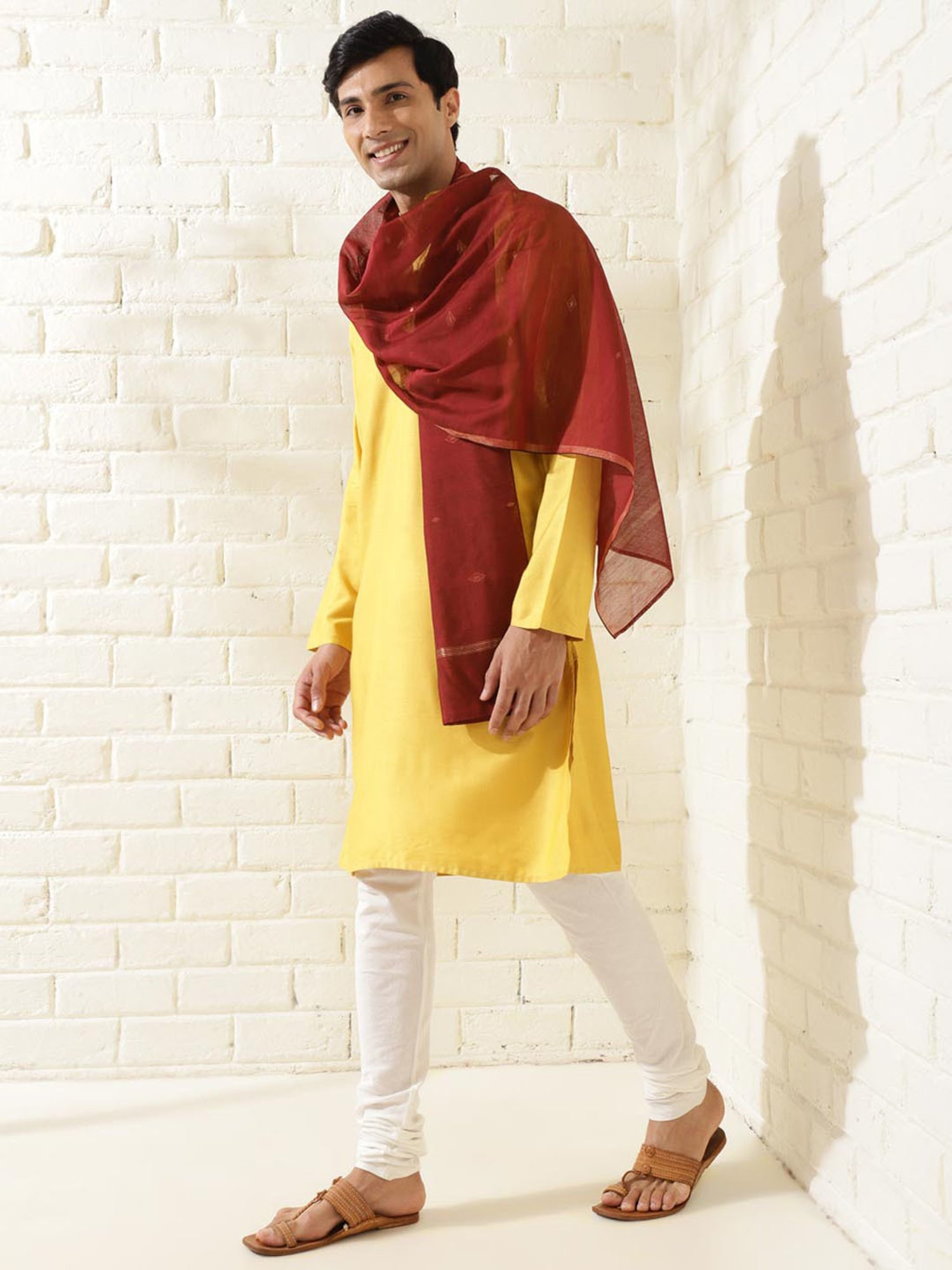 Fabindia Maroon Cotton Silk Blend Woven Stole