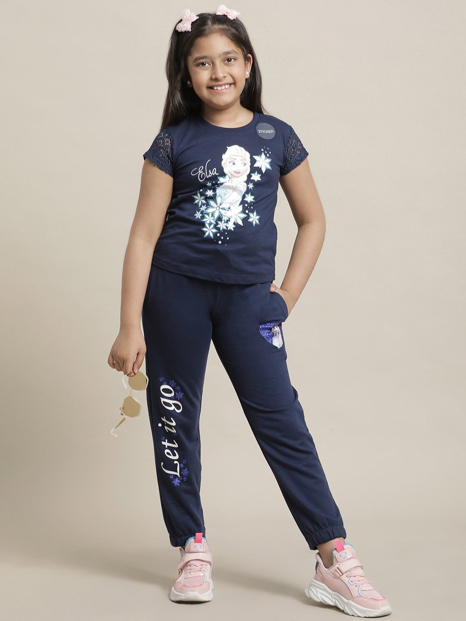 Girlsville Frozen Navy Printed Joggers For Girls