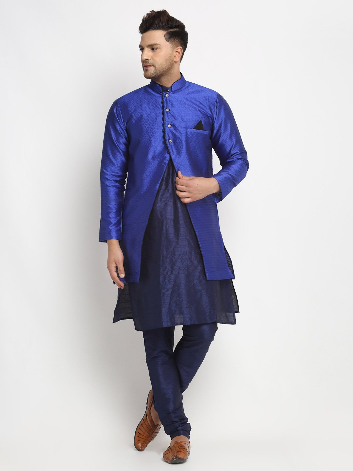Benstoke Navy Blue Regular Fit Self Pattern Kurta Set With Jacket