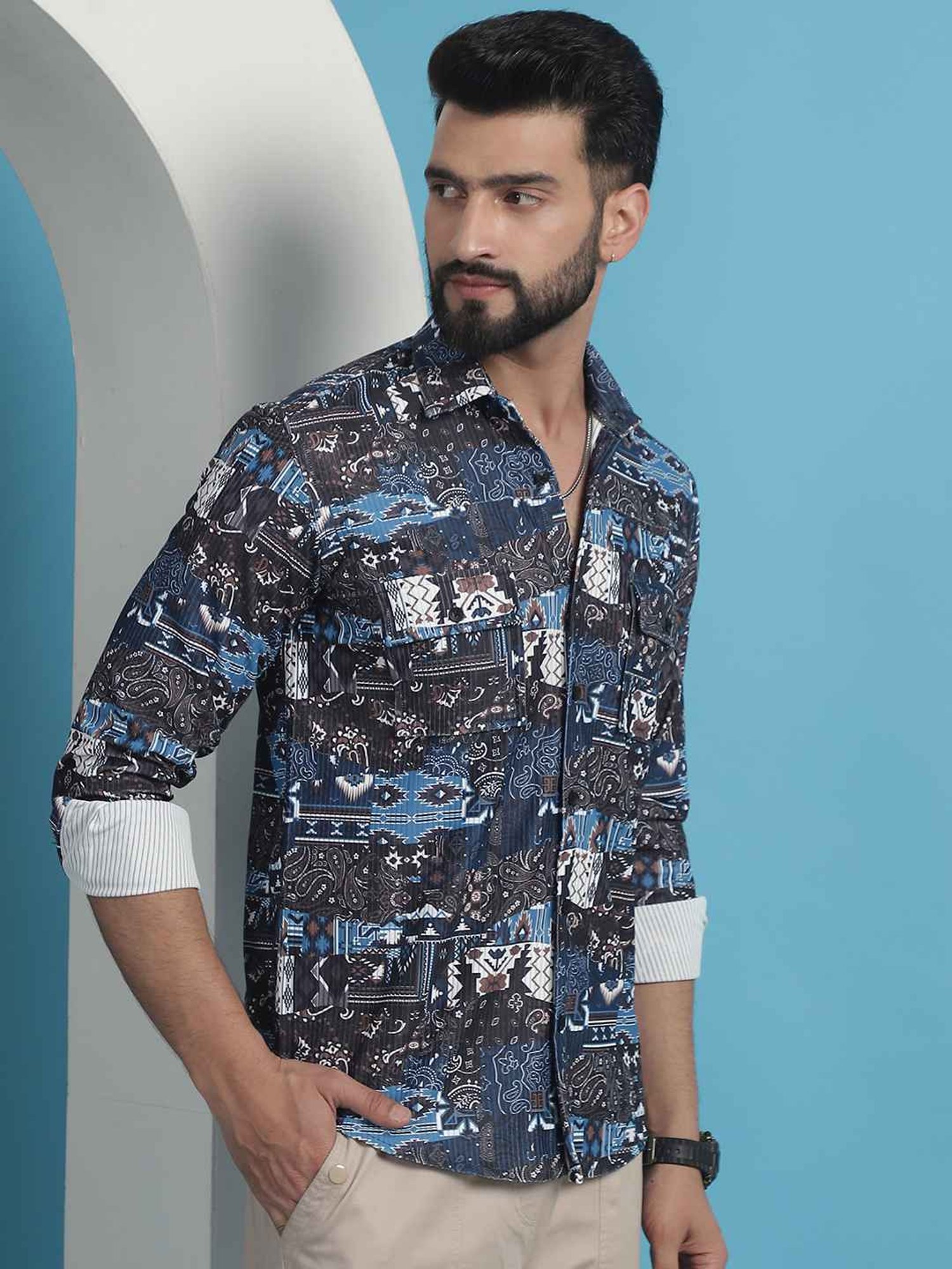 Indian Needle Navy Cotton Regular Fit Printed Shirt