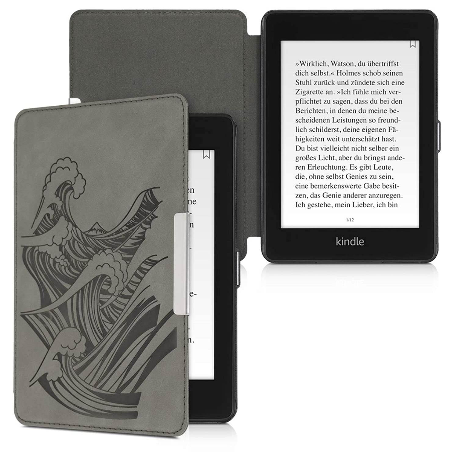 kwmobile Case Compatible with Amazon Kindle Paperwhite (10. Gen - 2018) - PU Nubuck Leather Protective e-Reader Flip Case Cover - Waves Grey