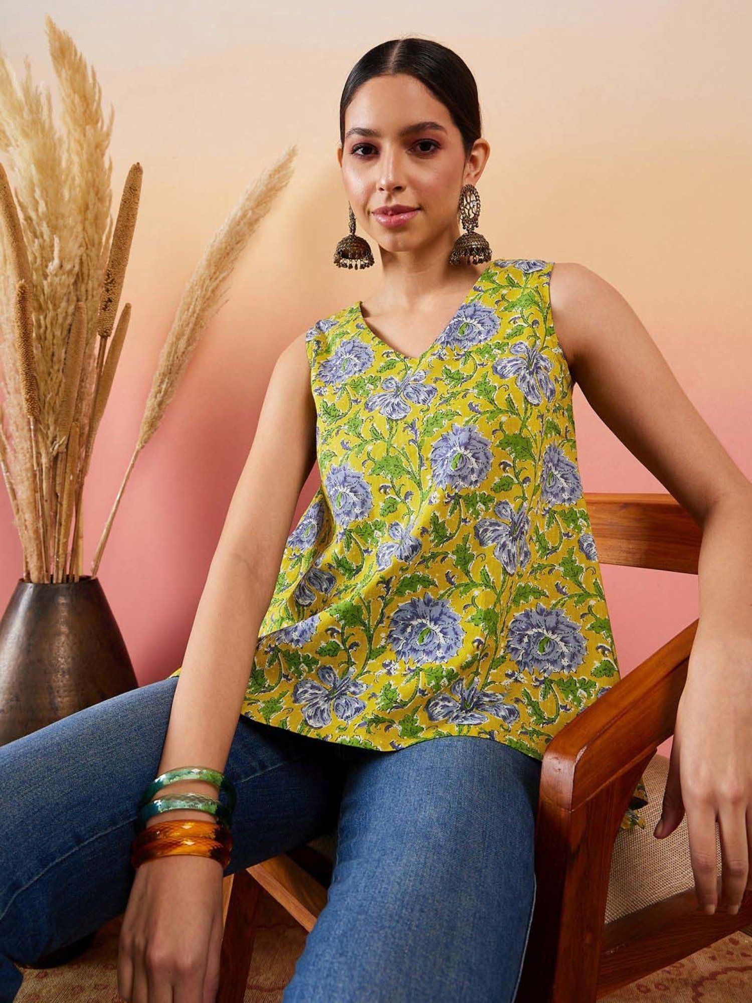 Inweave Lime Yellow Cotton Floral Print Top