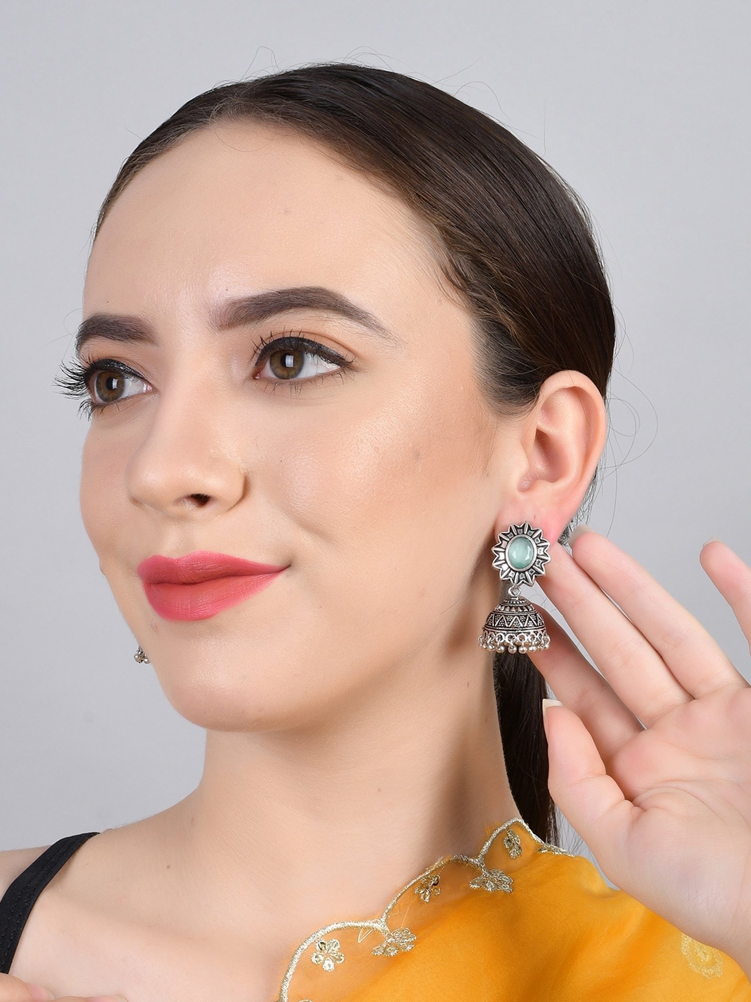 Imli Street Light Green Silver Tone Stone-Studded Handcrafted Jhumki Earrings