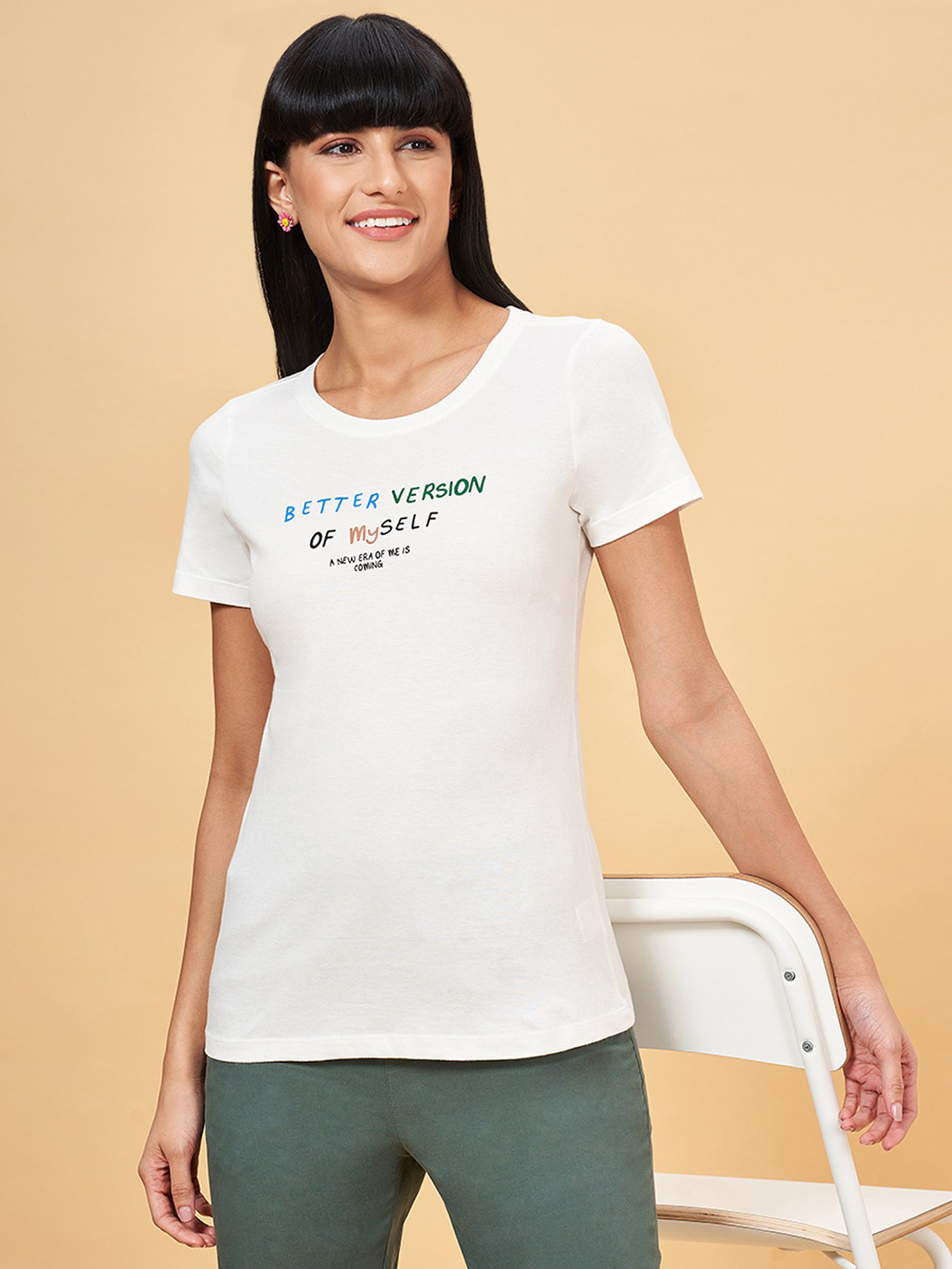 Honey by Pantaloons White Cotton Printed T-Shirt