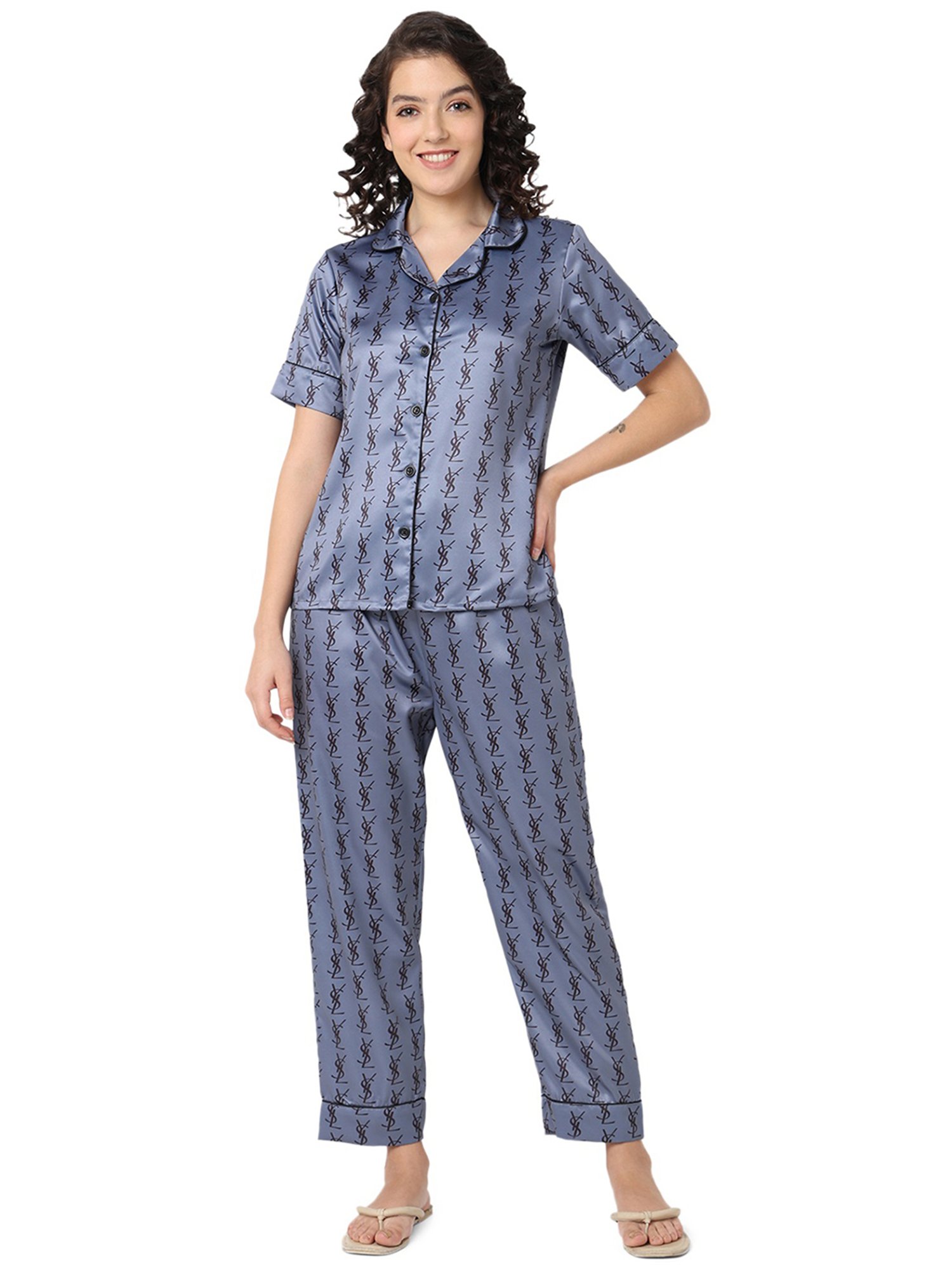 Smarty Pants Light Grey & Black Satin Printed Shirt With Pyjamas