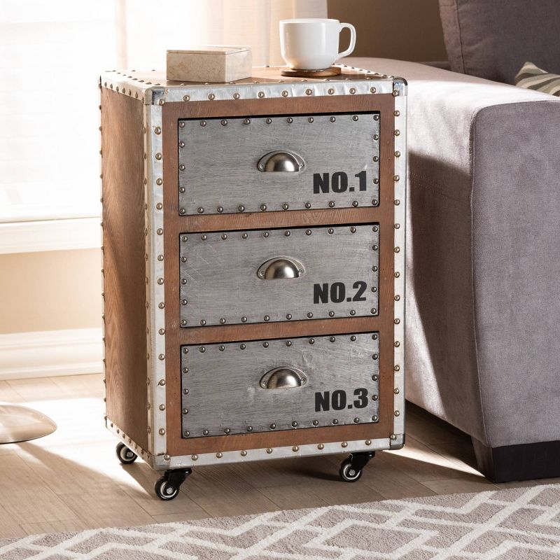 3 Drawer Avere Wood & Metal Rolling Nightstand Sliver - Baxton Studio