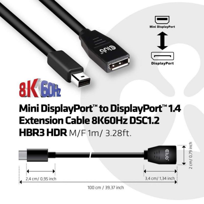 Club 3D 3.28ft 1.4 8K Mini DisplayPort to DisplayPort Cable CAC-1121
