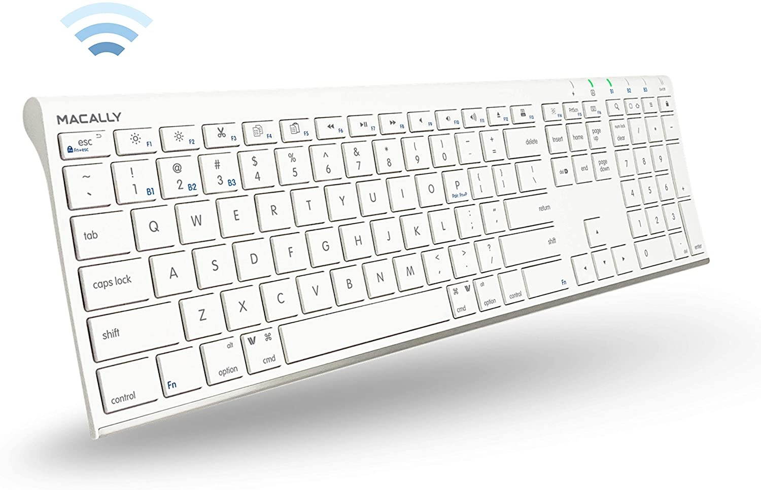Macally Wireless Bluetooth Keyboard for Mac or PC - Multisync, Connect up to 3 Devices Simultaneously - Rechargeable Mac Wireless Keyboard with 110 Keys, 20 Shortcuts, and Numeric Keypad - White