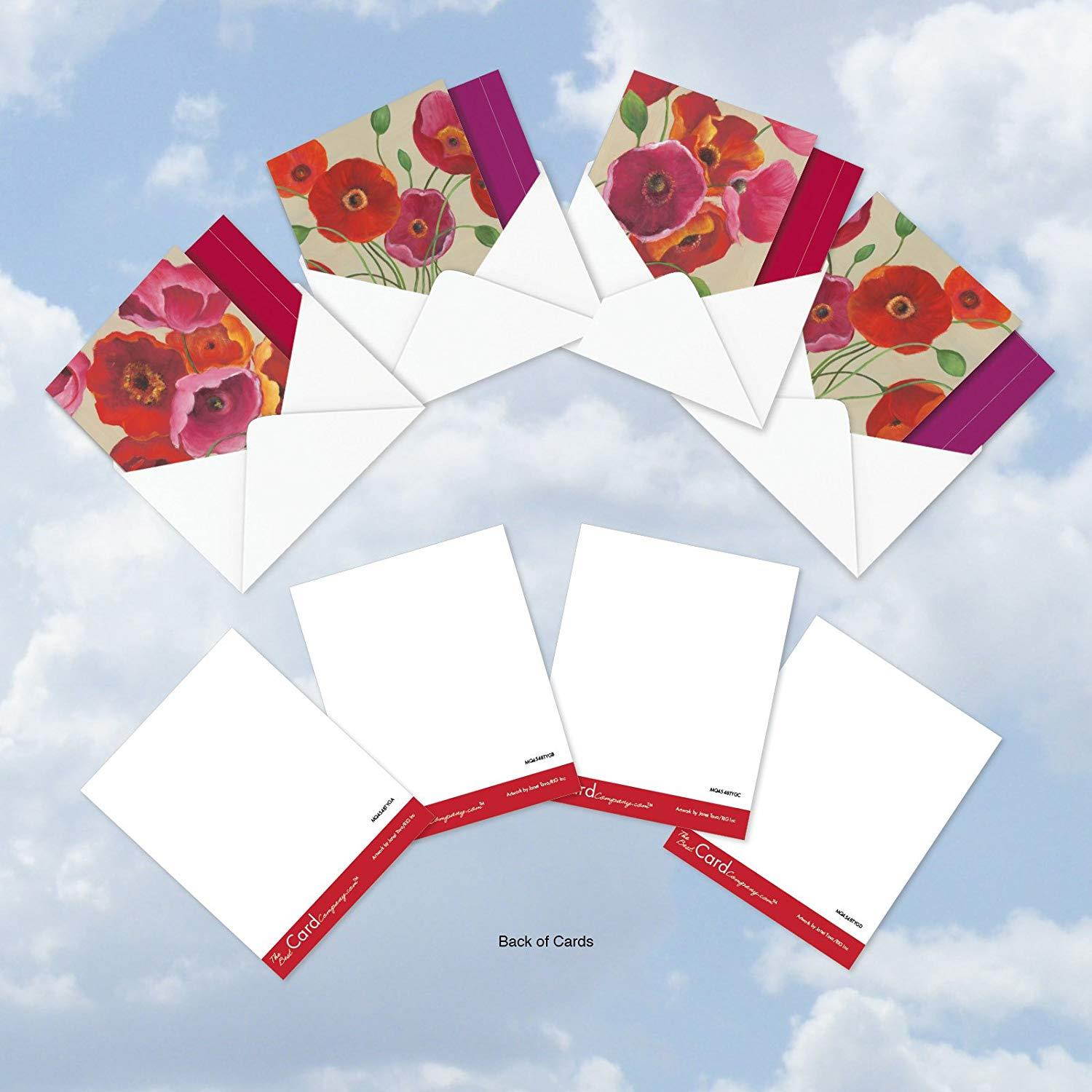 MQ4548TYG-B3x4 Painted Poppies: 12 Assorted 'Square-Top' Thank You Note Cards Featuring Bold and Vibrant Images of Colorful Poppy Flowers with Envelopes.