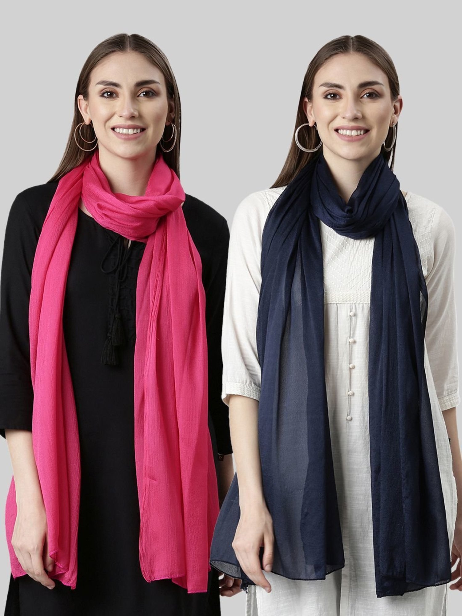 TWIN BIRDS Pink & Navy Plain Dupatta - Pack Of 2