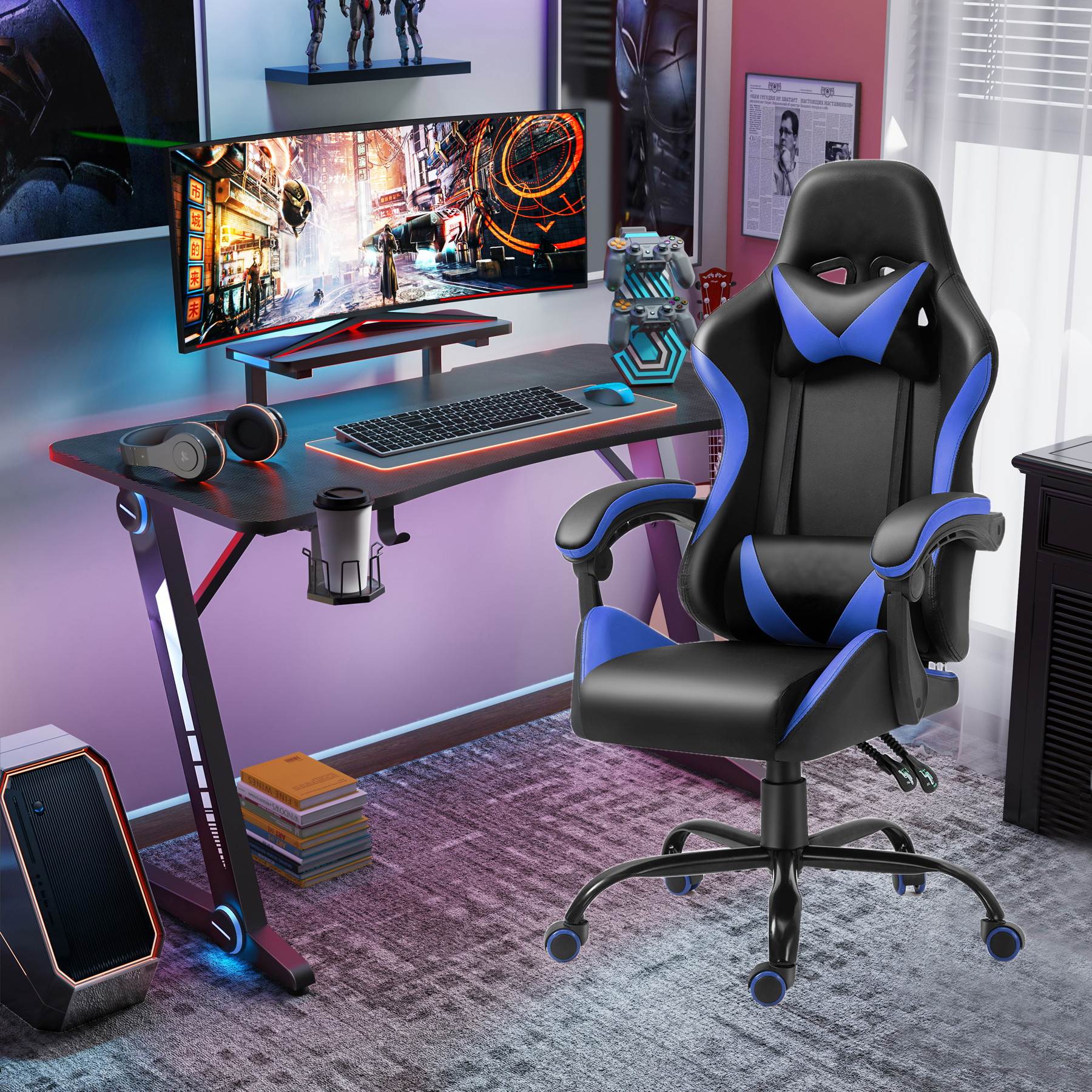 47.2 Inch Z-Shaped Gaming Desk with Ergonomic PU Leather Gaming  Chair Home Office Desk and Chair Set Gamer Workstation with Monitor Stand Carbon Fiber Surface Gamer Table with RGB Lights and Cup Hold