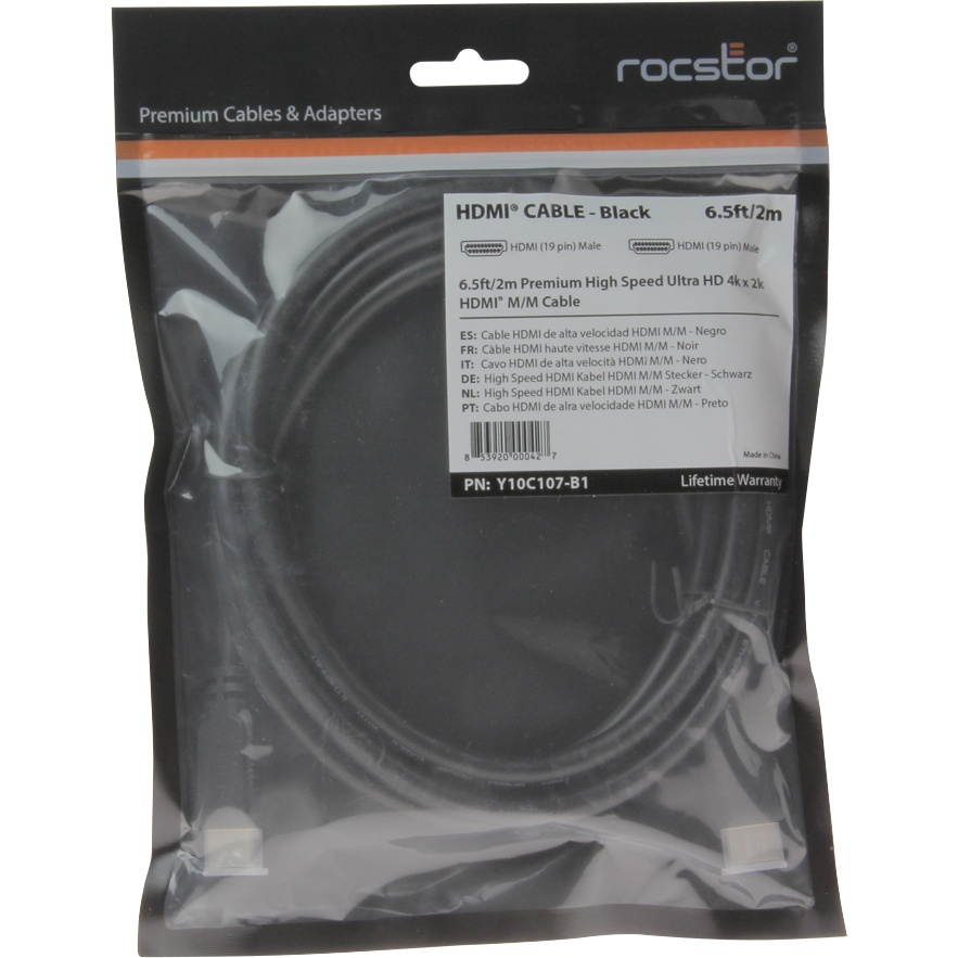 Rocstor Y10C156-B1 1ft. HDMI Cable With Ethernet M/M HDMI Male to HDMI Male Black