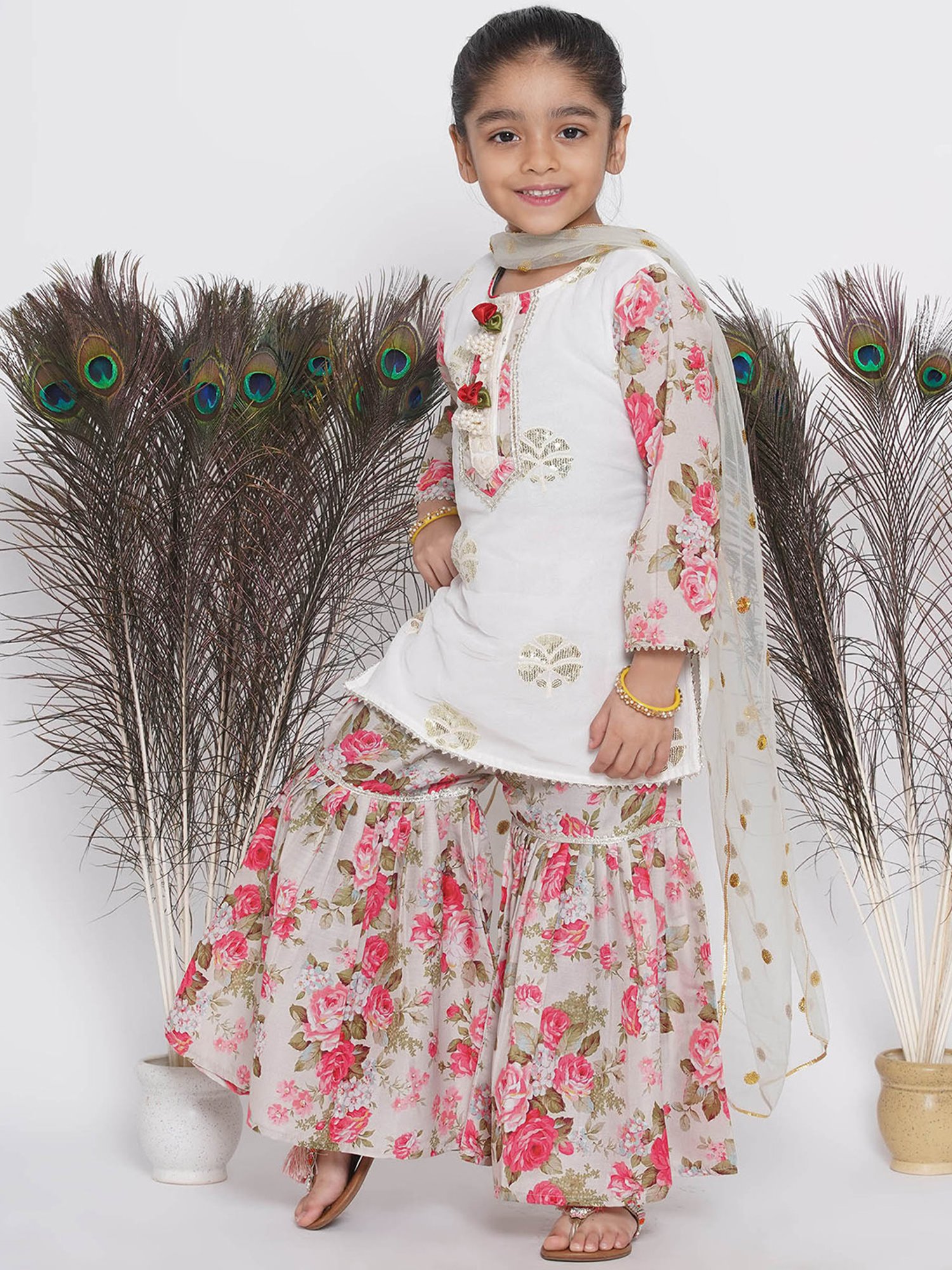 Little Bansi Kids White & Sage Green Embellished Kurta, Sharara, with Dupatta