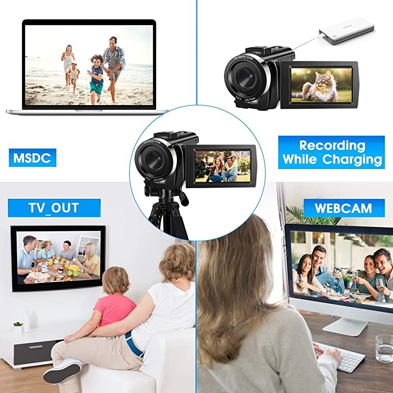 Video Camera Camcorder Full HD 1080P 30FPS Digital Camera 16X Digital Zoom Camcorder Vlogging Camera for YouTube 30 Inch LCD 270 Degrees IPS Screen LED with 2 Batteries