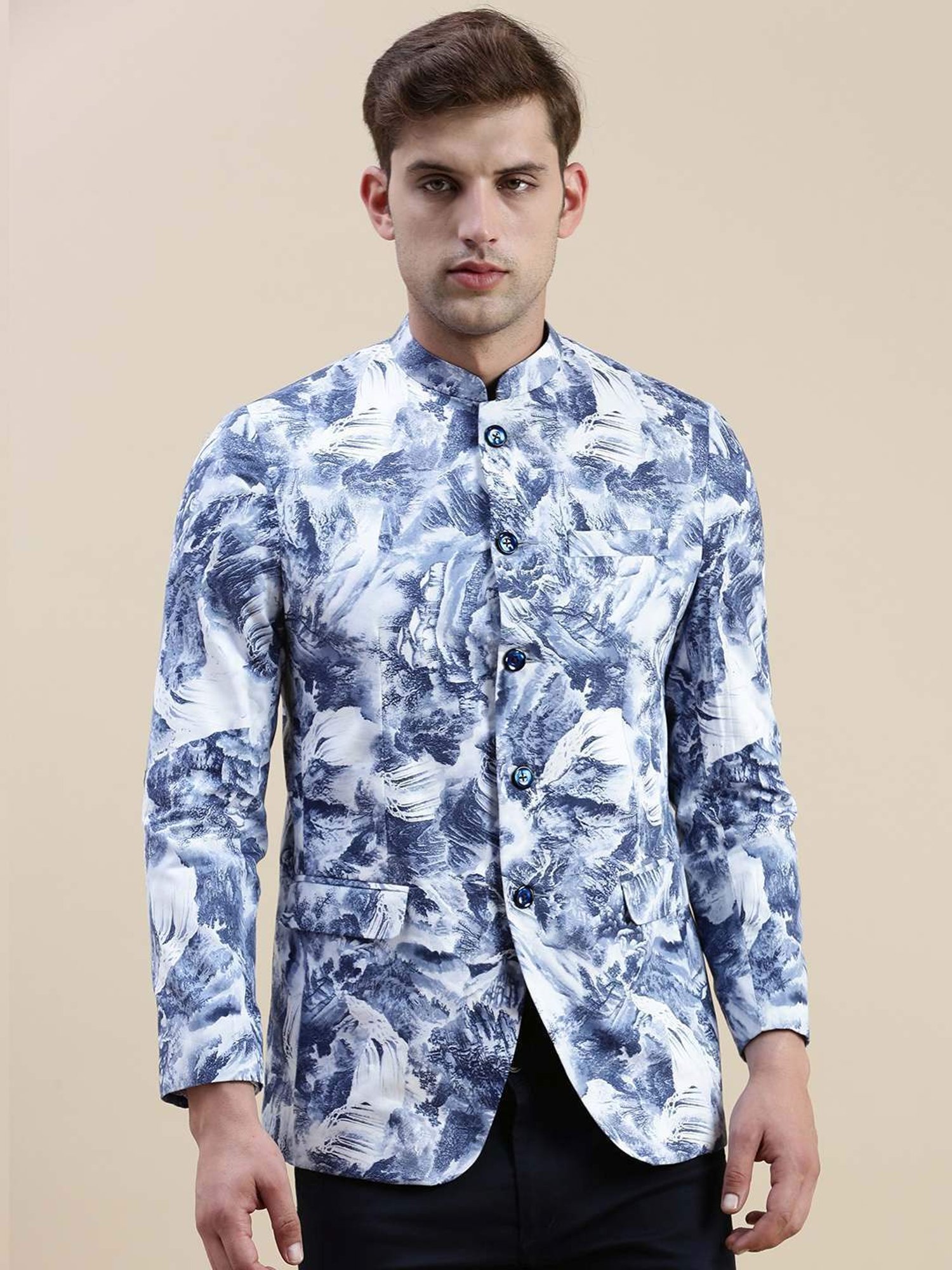 SHOWOFF Blue Slim Fit Printed Blazer
