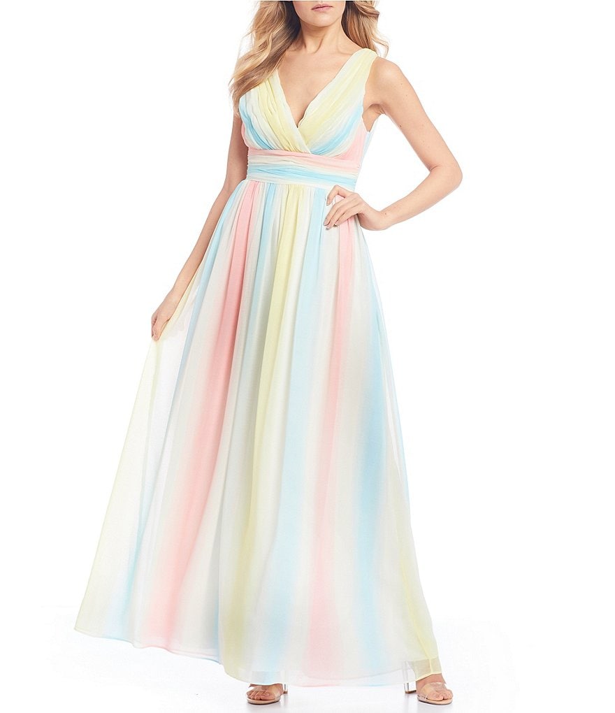 Sequin Hearts Surplice Rainbow Stripe Chiffon Long Dress