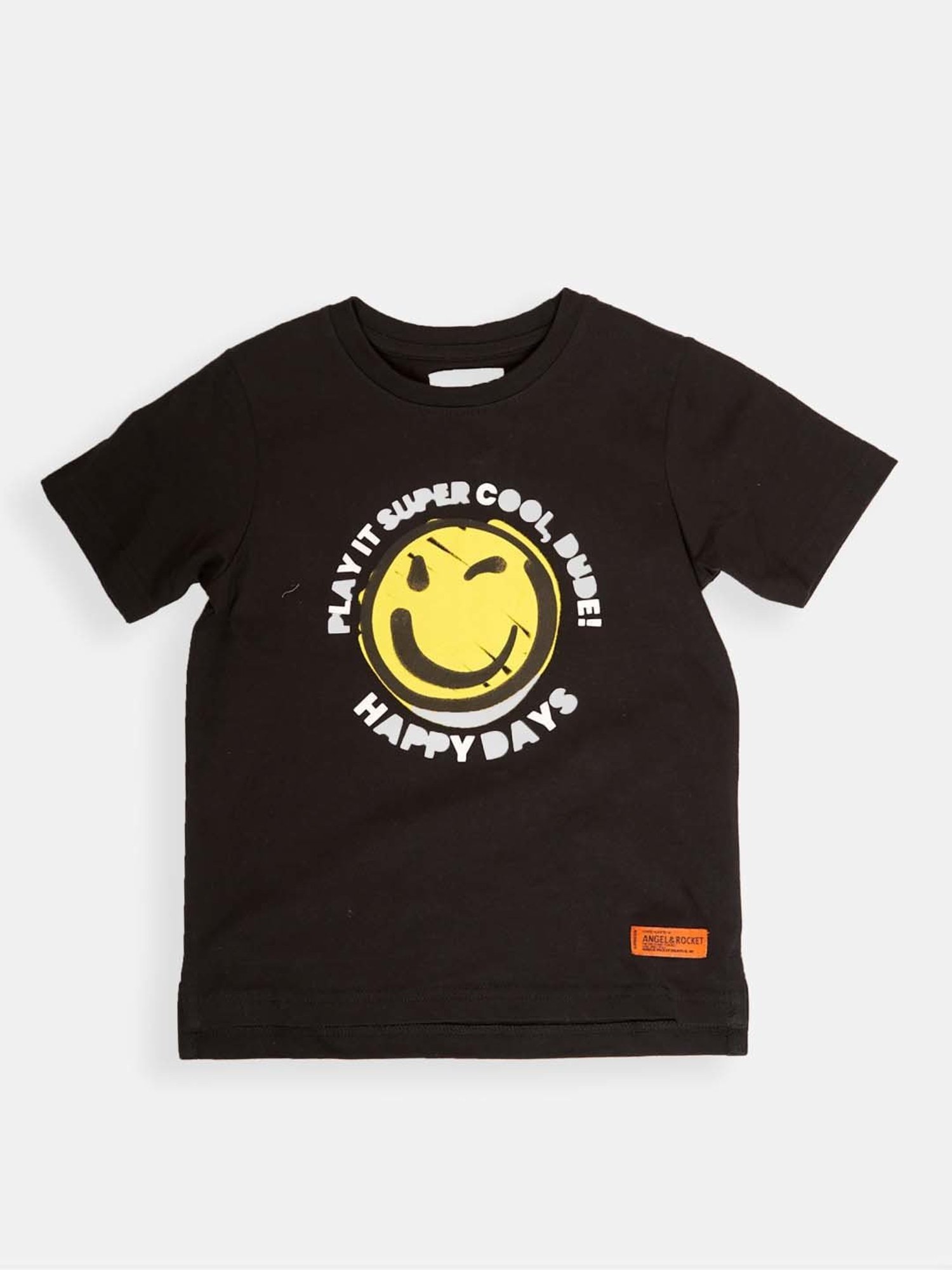 Angel & Rocket Kids Black Cotton Printed T-Shirt