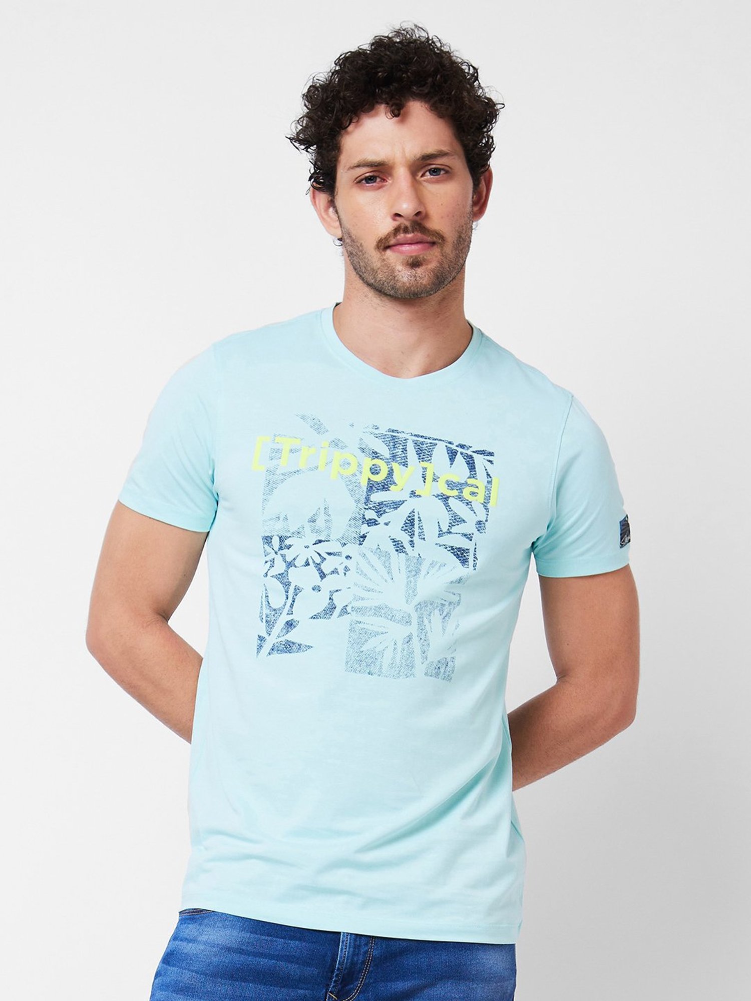 Spykar Light Blue Slim Fit Printed Crew T-Shirt