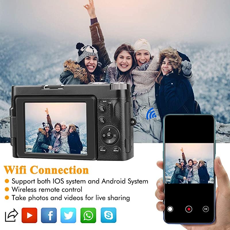 Camera YouTube Vlogging Camera HD 1080P 24MP Video Camcorder 16X Zoom with Wide Angle Lens, WiFi, Pause Function, Face Detection, 3&rsquo;&rsquo; IPS Screen, 32GB SD Card, 2xBattery