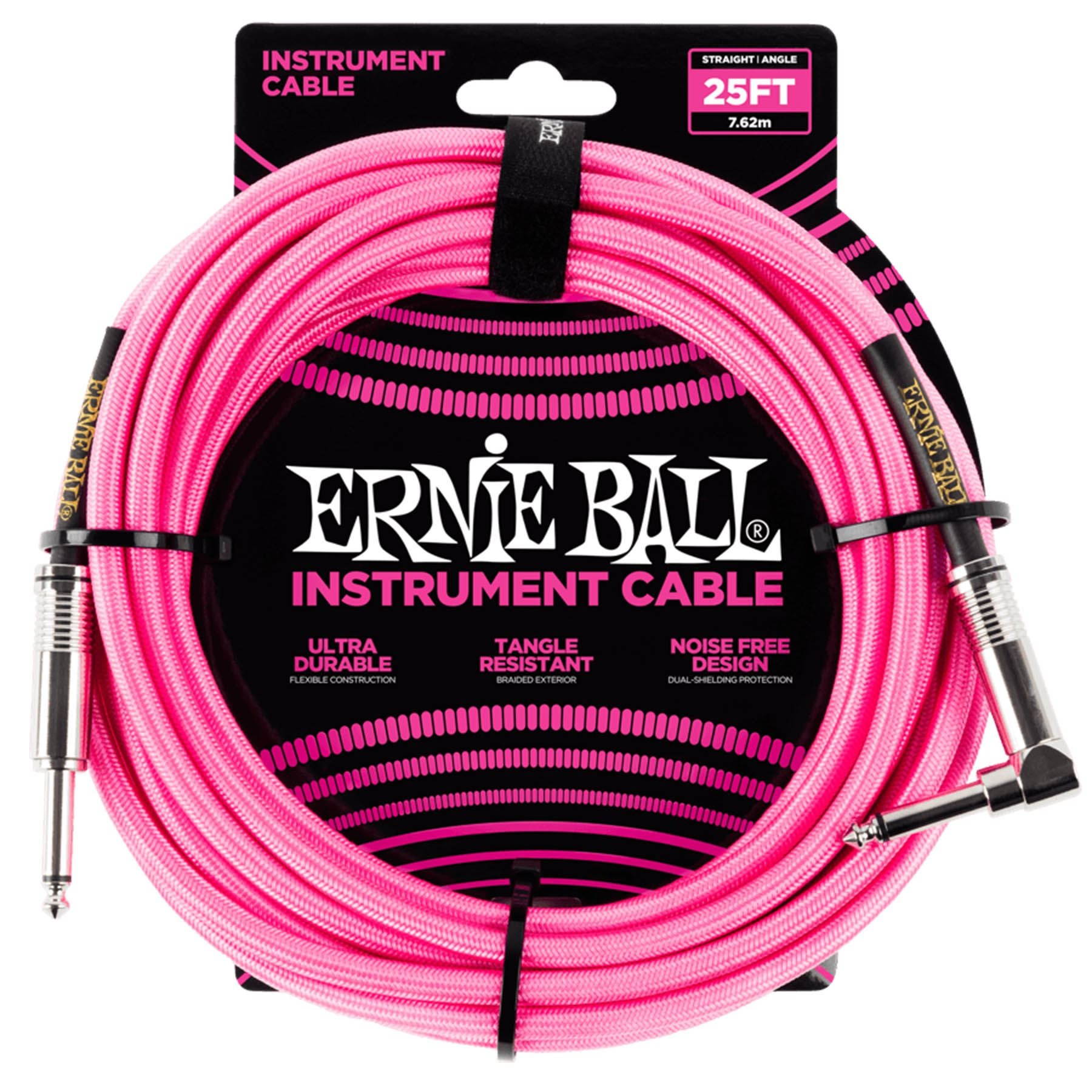 Ernie Ball P06065 25-Foot 1/4" Straight/Angle Braided Neon Pink Guitar Cable